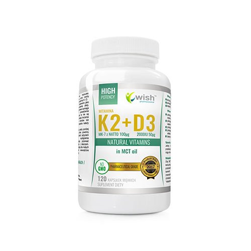 WISH Pharmaceutical Vitamin K2 Mk-7 100mcg + D3 50mcg w Oleju MCT - 120caps