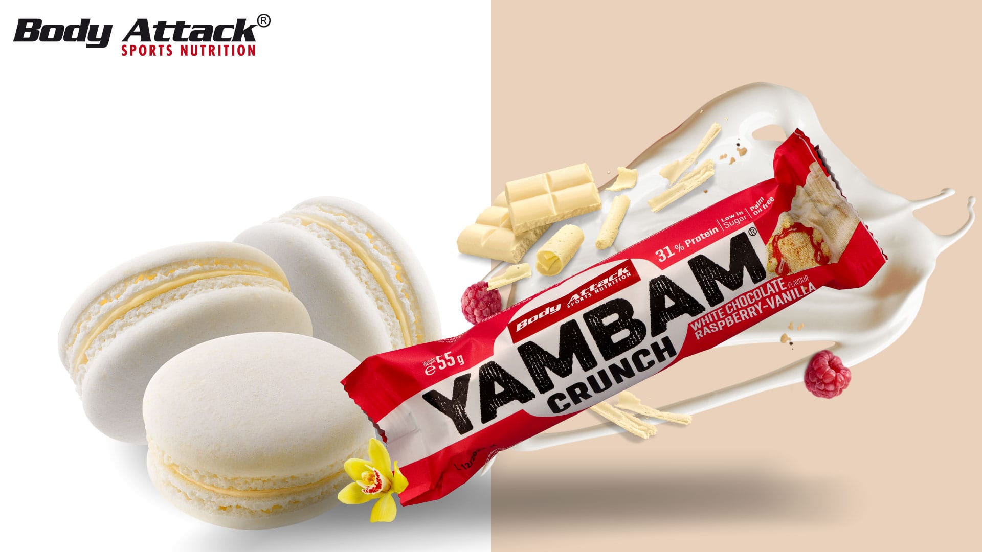 BODY ATTACK Yambam Crunchy - 55g protein bar raspberry white chocolate