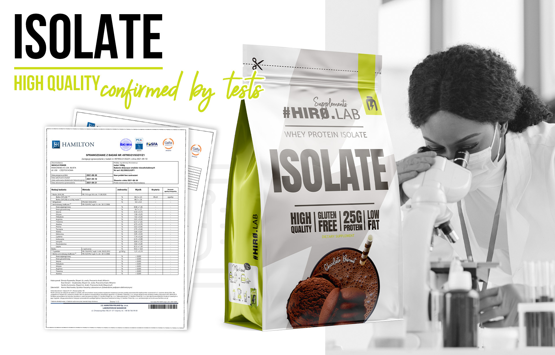 HIRO.LAB Whey Protein Isolate - 700g sklep_hirolab_ISOLATE_700g_badania_choco