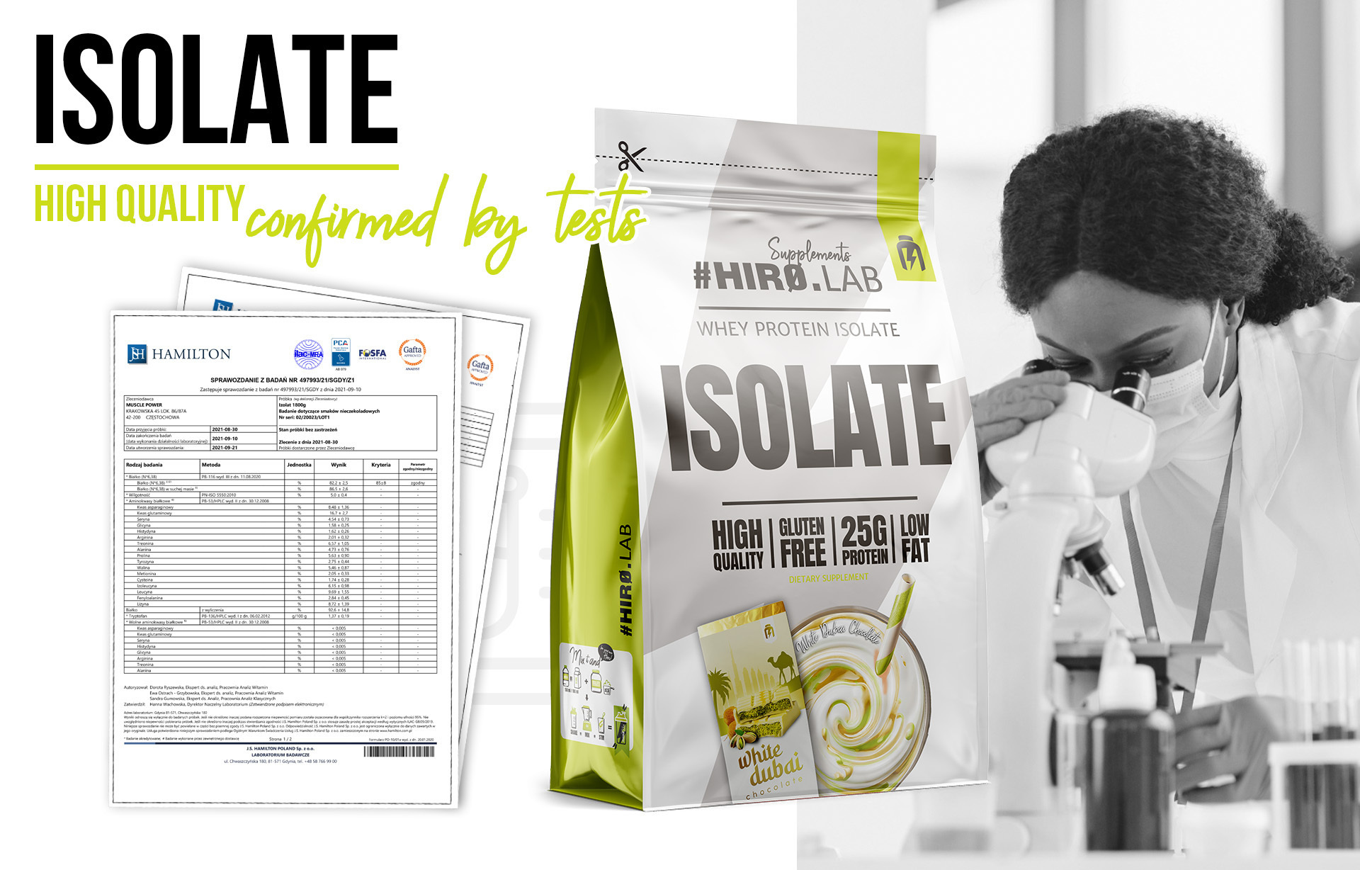 HIRO.LAB Whey Protein Isolate - 700g sklep_hirolab_isolate_700g_WhiteDubai_Chocolate_Badania