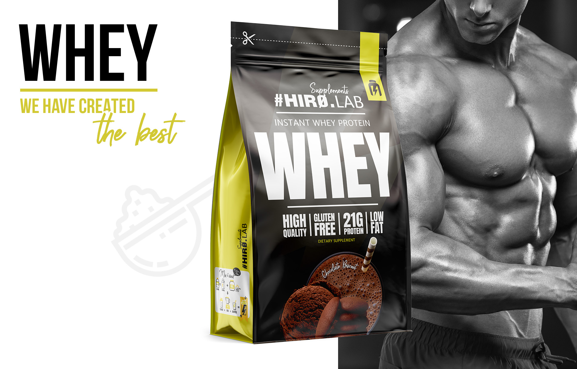 hiro.lab instant whey protein 750g chocolate biscuit 