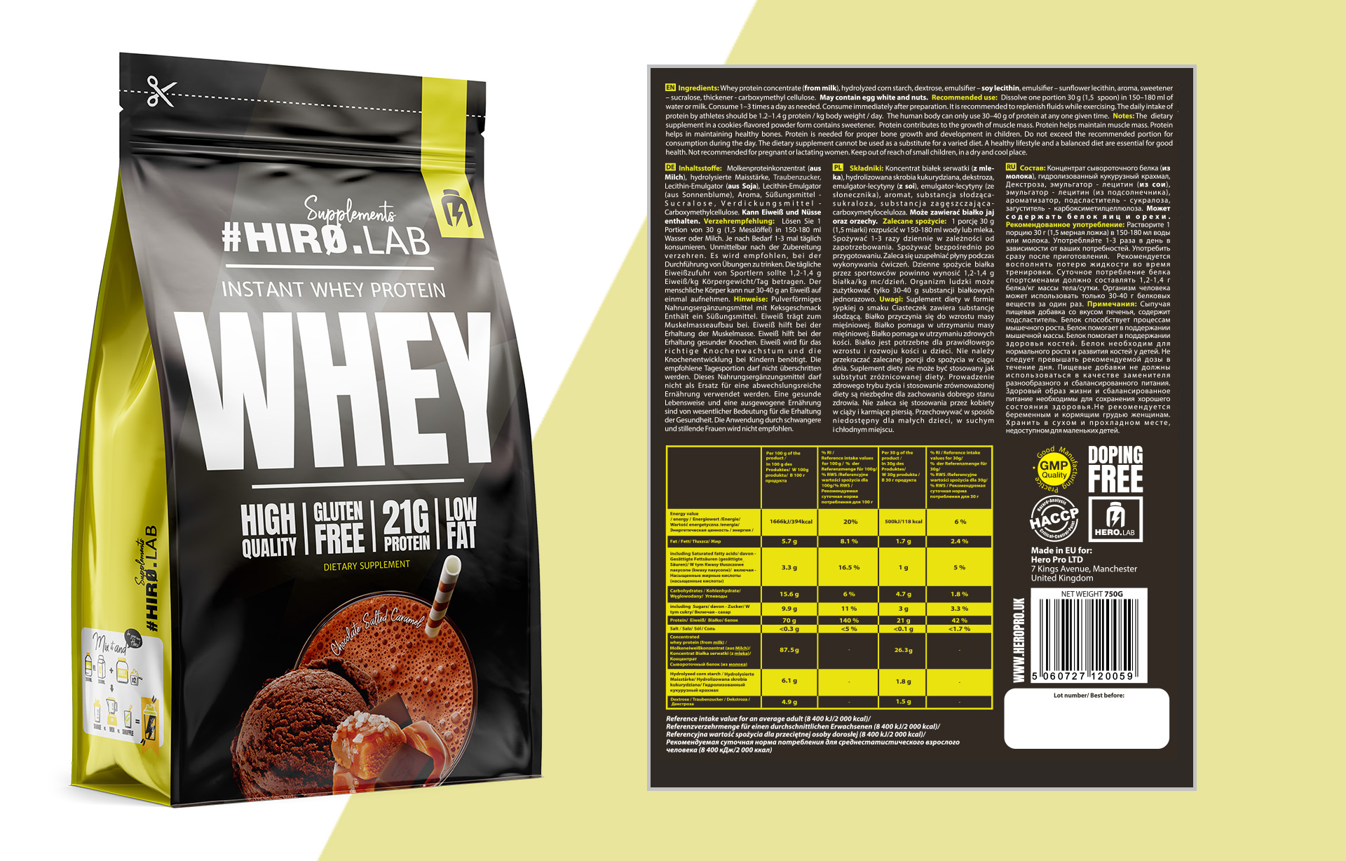 hiro.lab instant whey protein 750g chocolate salted caramel
