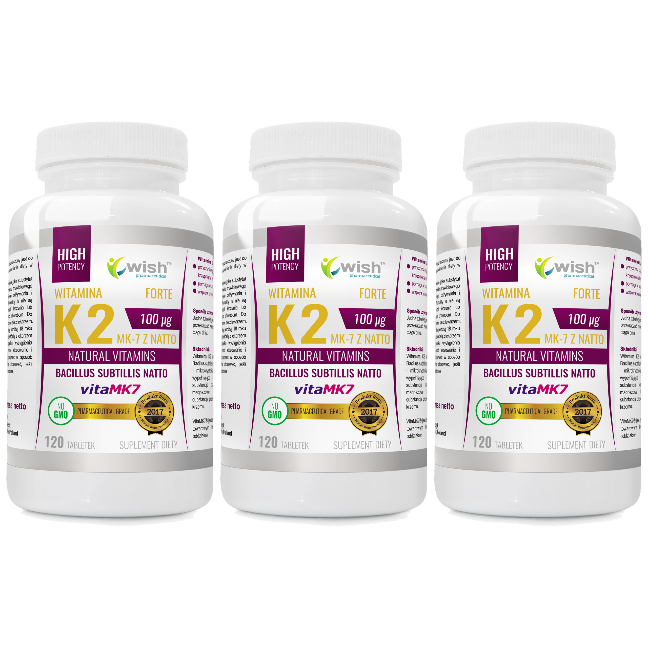 WISH Pharmaceutical Vitamin K2 MK-7 Natto 100mcg - 3x 120tabs