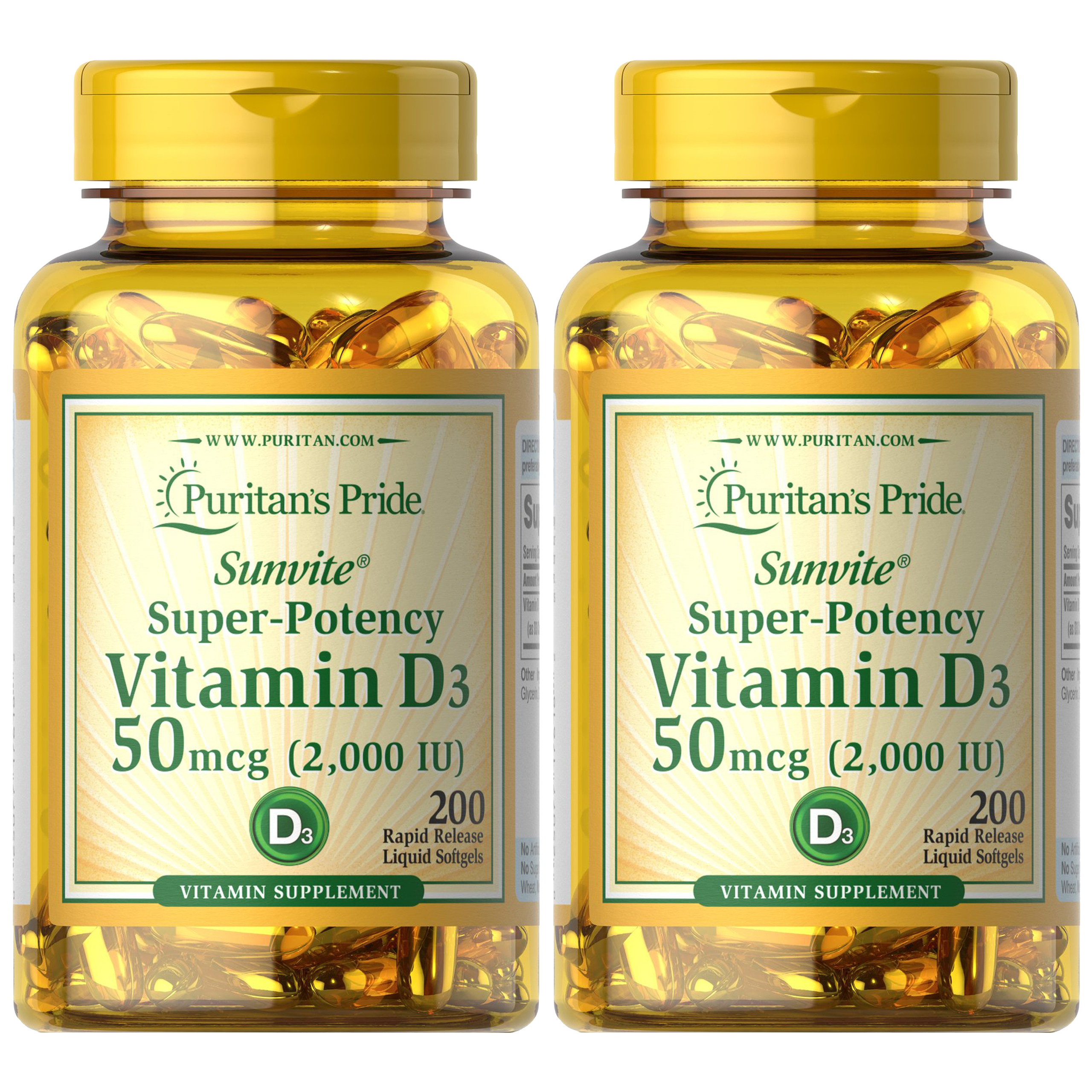 Puritan's Pride Vitamin D3 50µg (2000 IU) - 2x 200softgels.