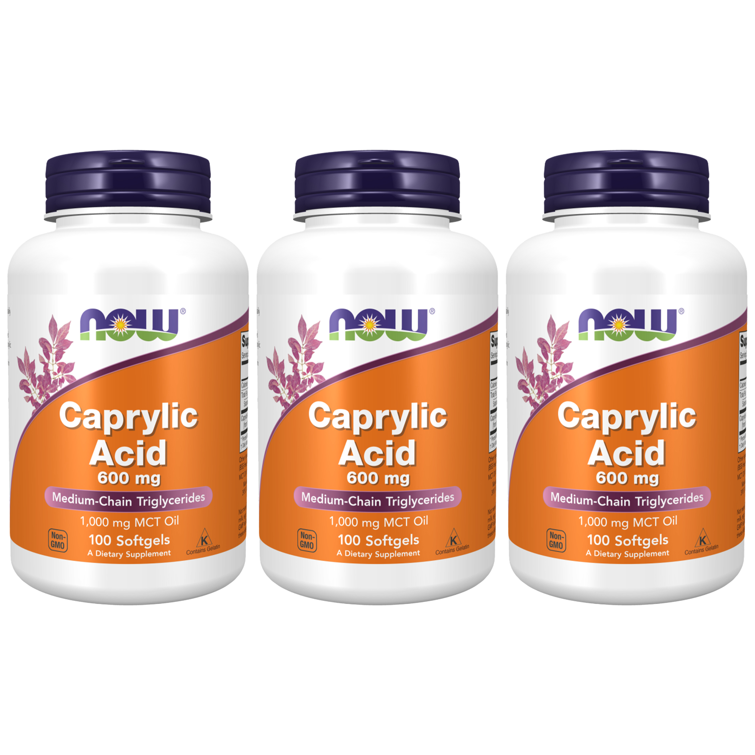 NOW Caprylic Acid 600 mg - 100 softgels - 3x Kwas kaprylowy