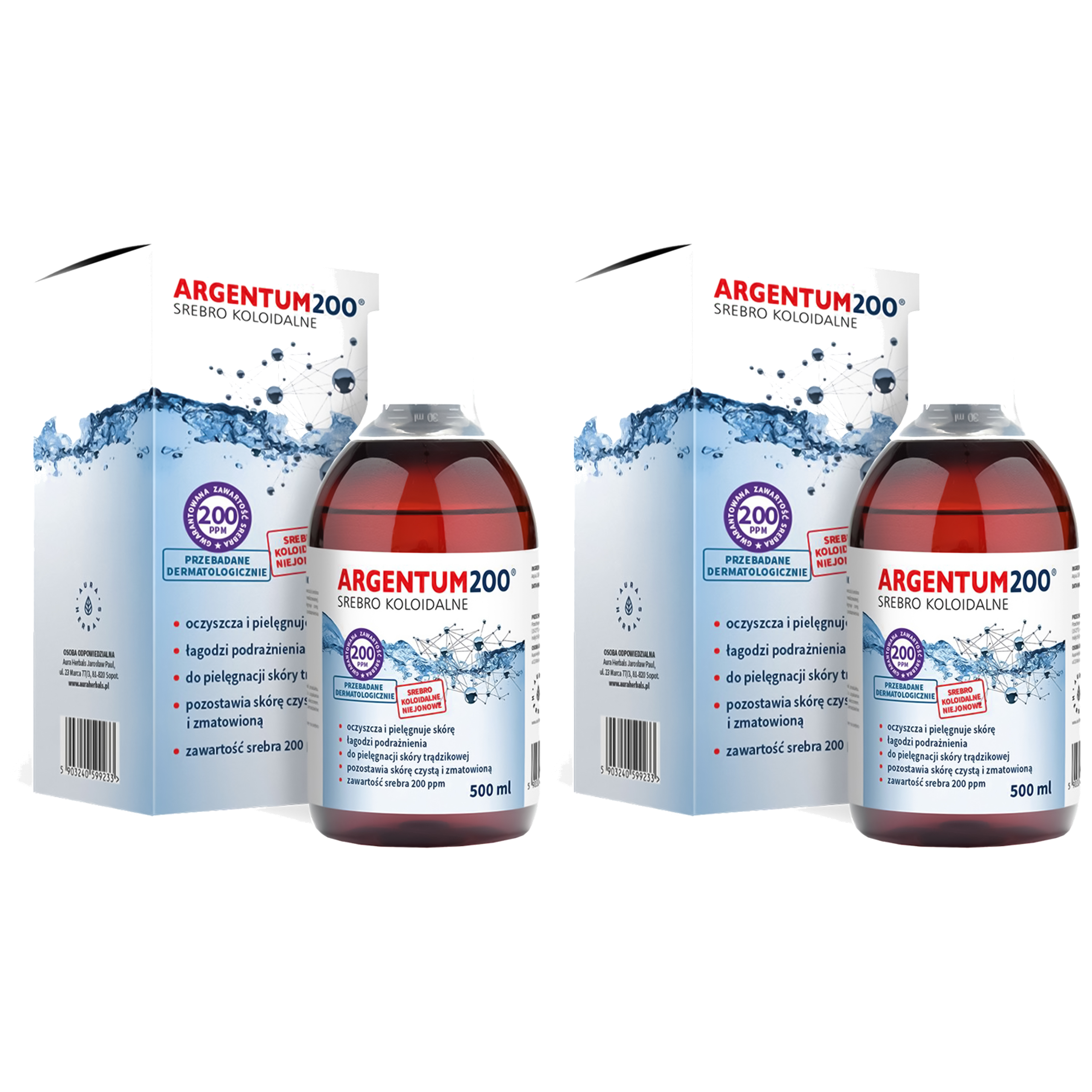 AURA HERBALS Argentum200 Srebro Koloidalne (200 ppm) - tonik (2x 500ml)