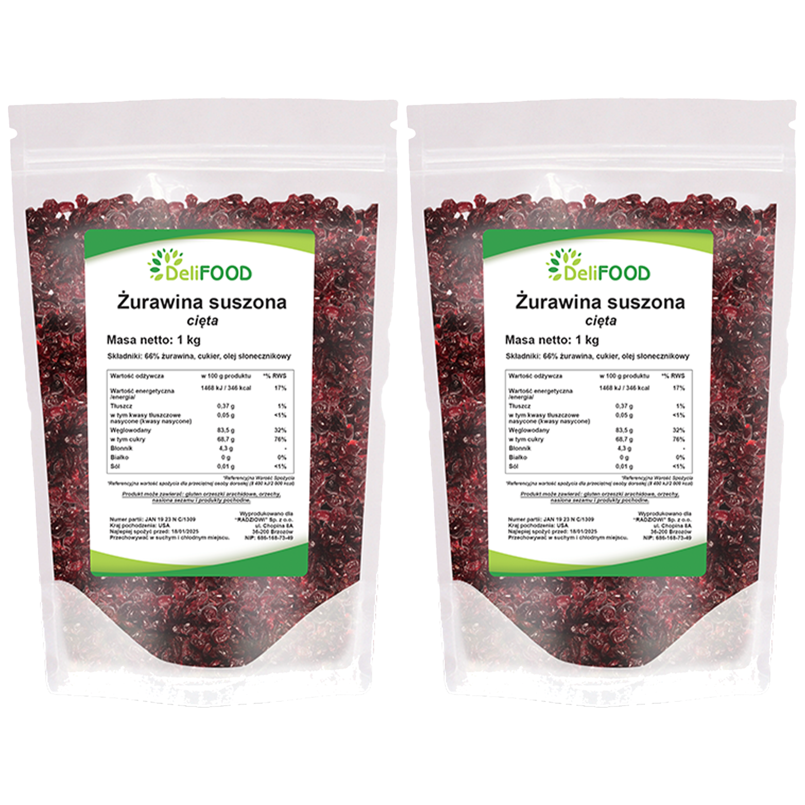 DELIFOOD Żurawina Suszona - 2x 1000g