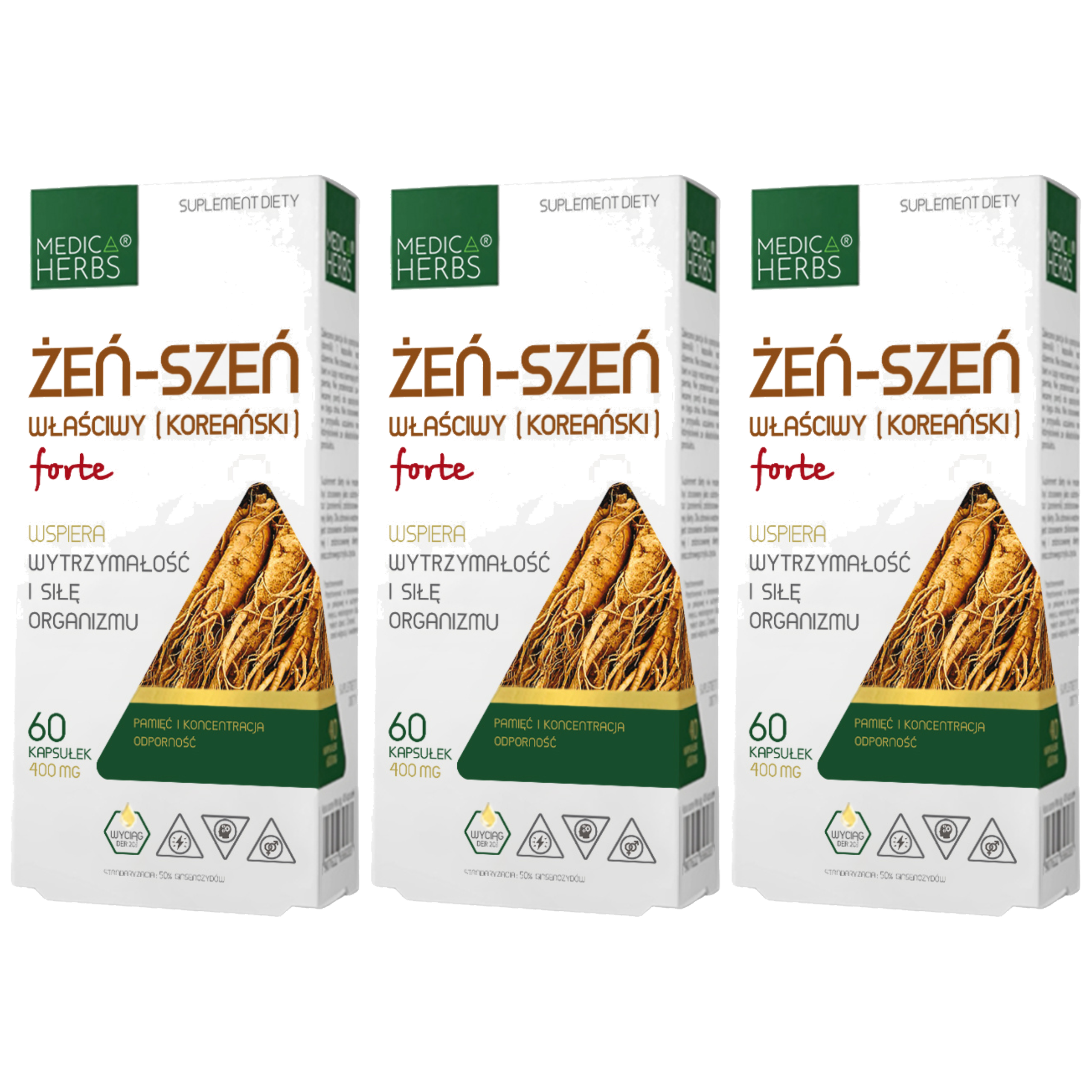 MEDICA HERBS - Żeń-Szeń Właściwy Koreański Forte 400mg - 3x 60caps.