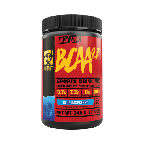 MUTANT BCAA 9.7 Verpackung mit 348g Gewicht und sichtbarem Etikett der Zusammensetzung und Nährwerte