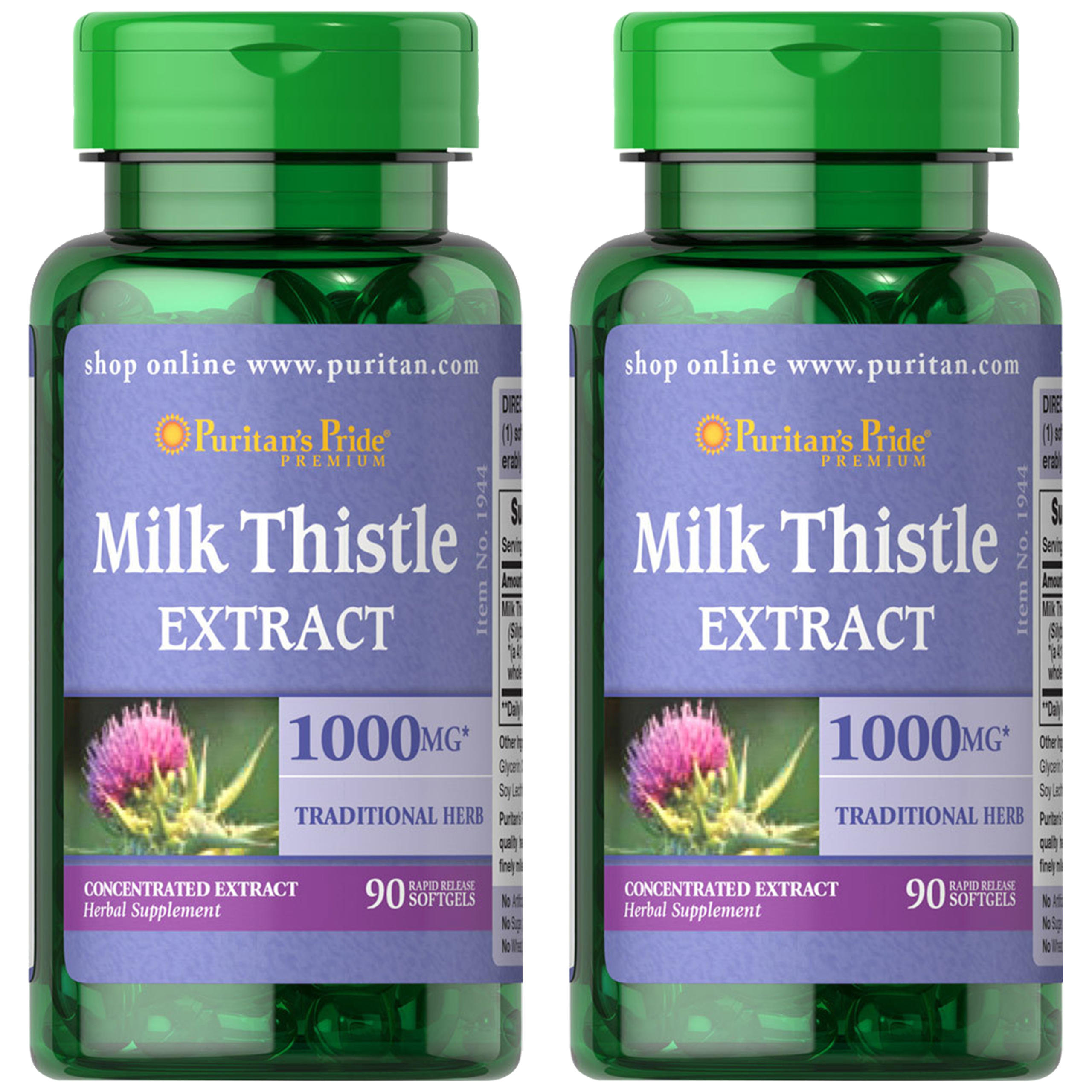 Puritan's Pride Milk Thistle 4:1 Extract 1000mg - 2x 90softgels