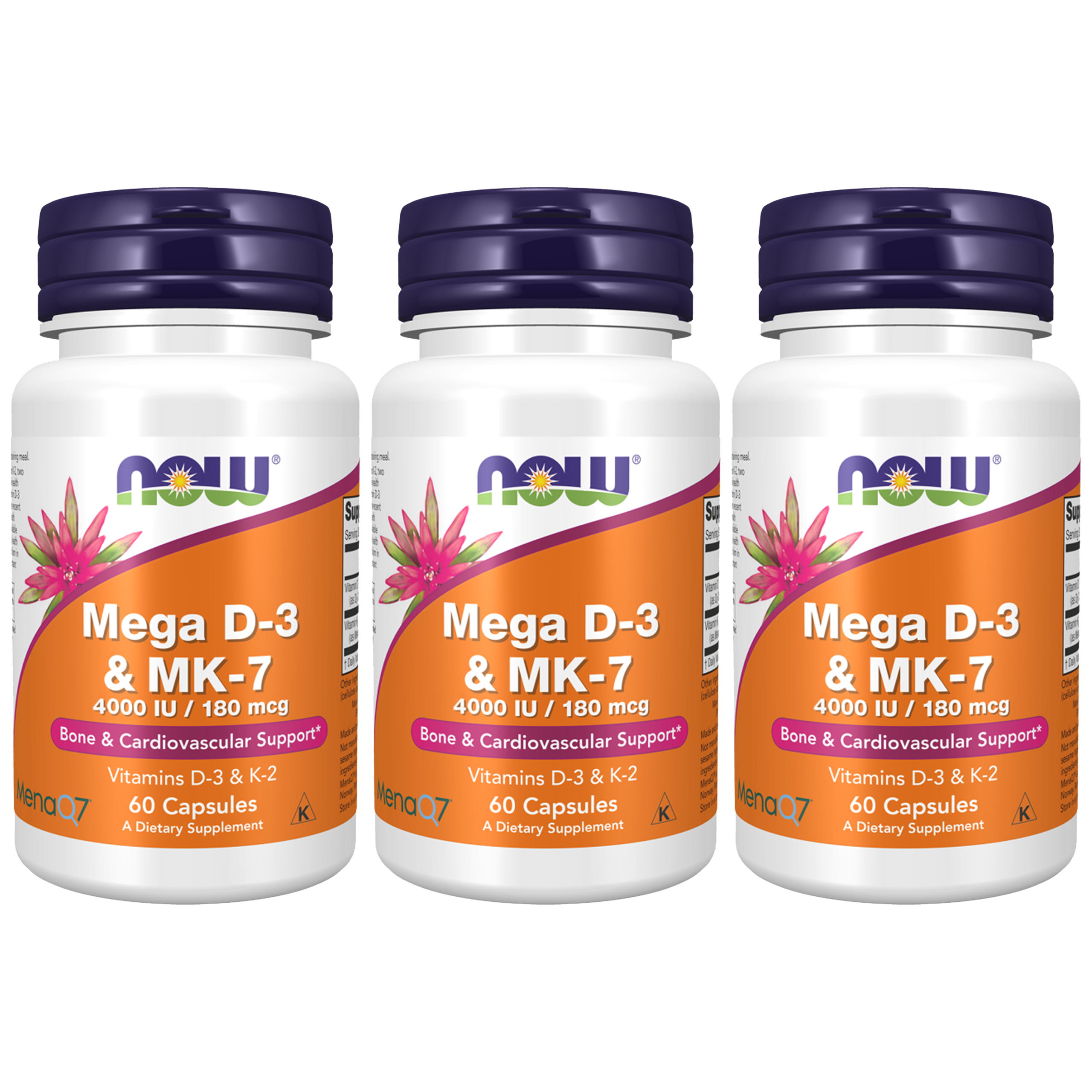NOW Mega D3 4000IU & K2 MK-7 180mcg - 3x 60caps.
