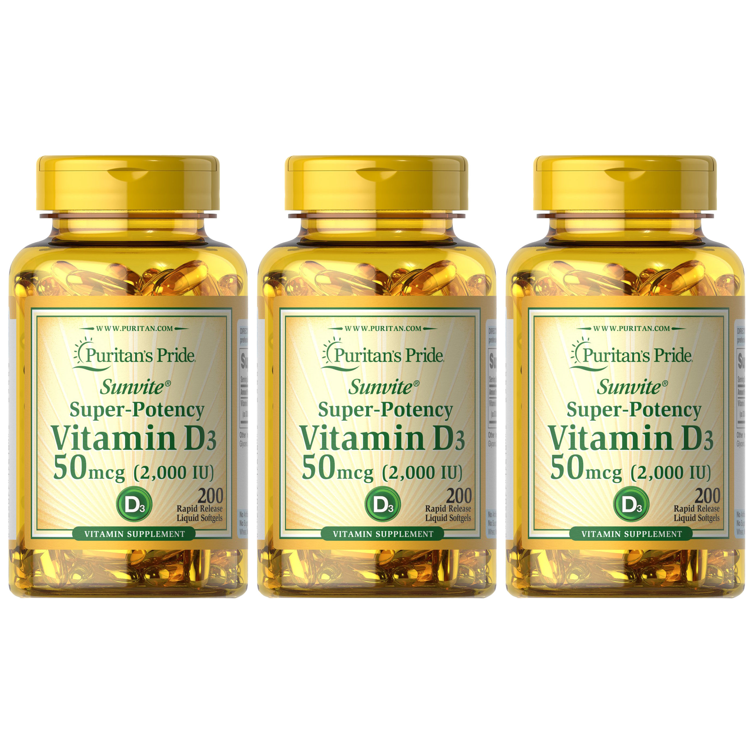 Puritan's Pride Vitamin D3 50µg (2000 IU) - 3x 200softgels.