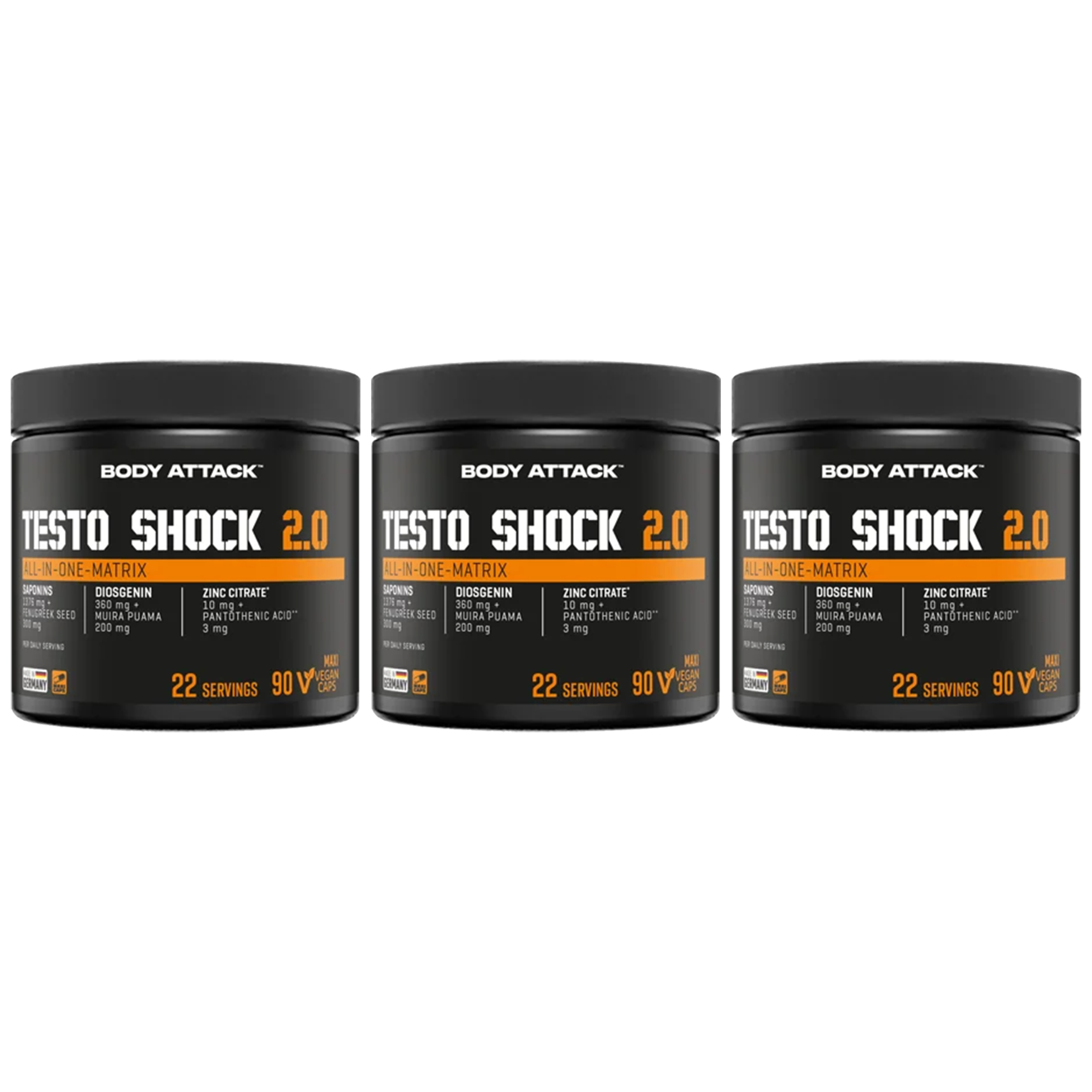 BODY ATTACK Testo Shock 2.0 – 90 maxi vegan caps — zestaw 3x