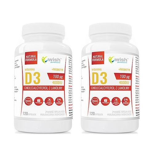WISH Pharmaceutical Vitamin D3 100mcg ŻSPM + Prebiotyk -120caps. — zestaw 2x