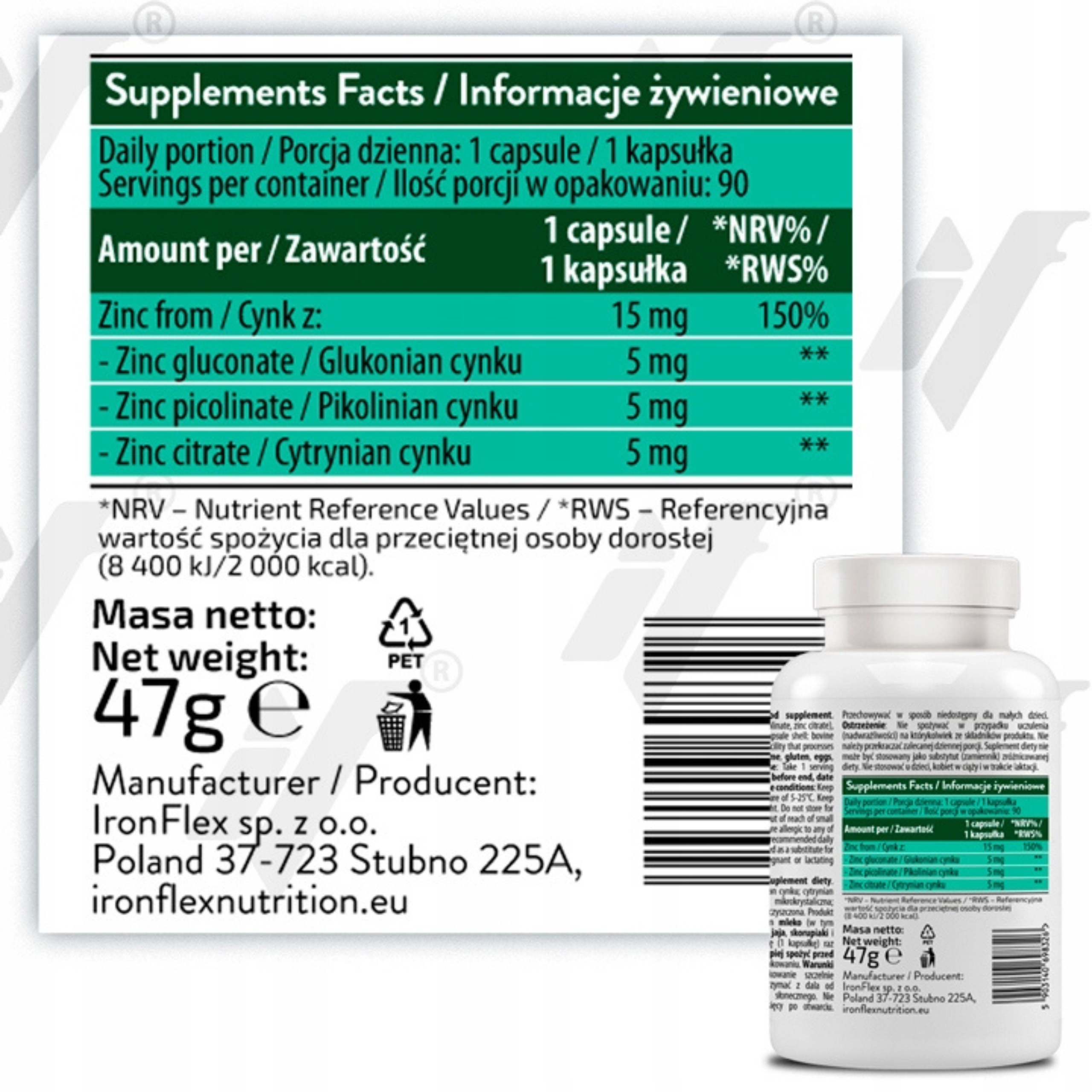 IRONFLEX - Triple Zinc 15mg - 3x 90caps.