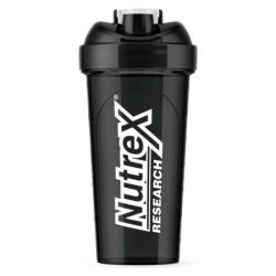Shaker NUTREX noir de 700ml avec bouchon rouge et mélangeur intégré, fabriqué en plastique durable sans BPA