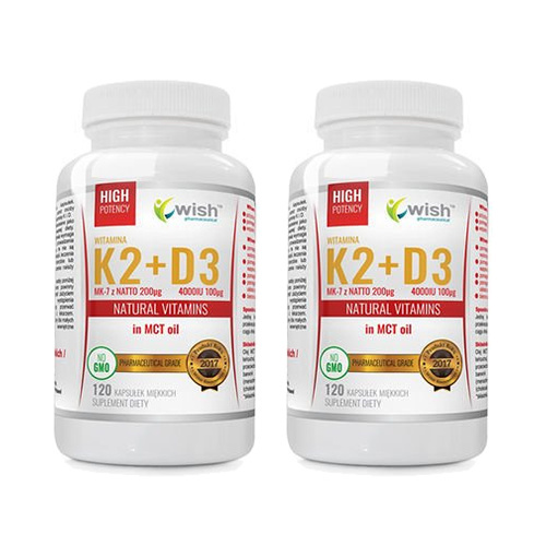 WISH Pharmaceutical Vitamin K2 Mk-7 200mcg + D3 100mcg in MCT oil - 2x 120caps