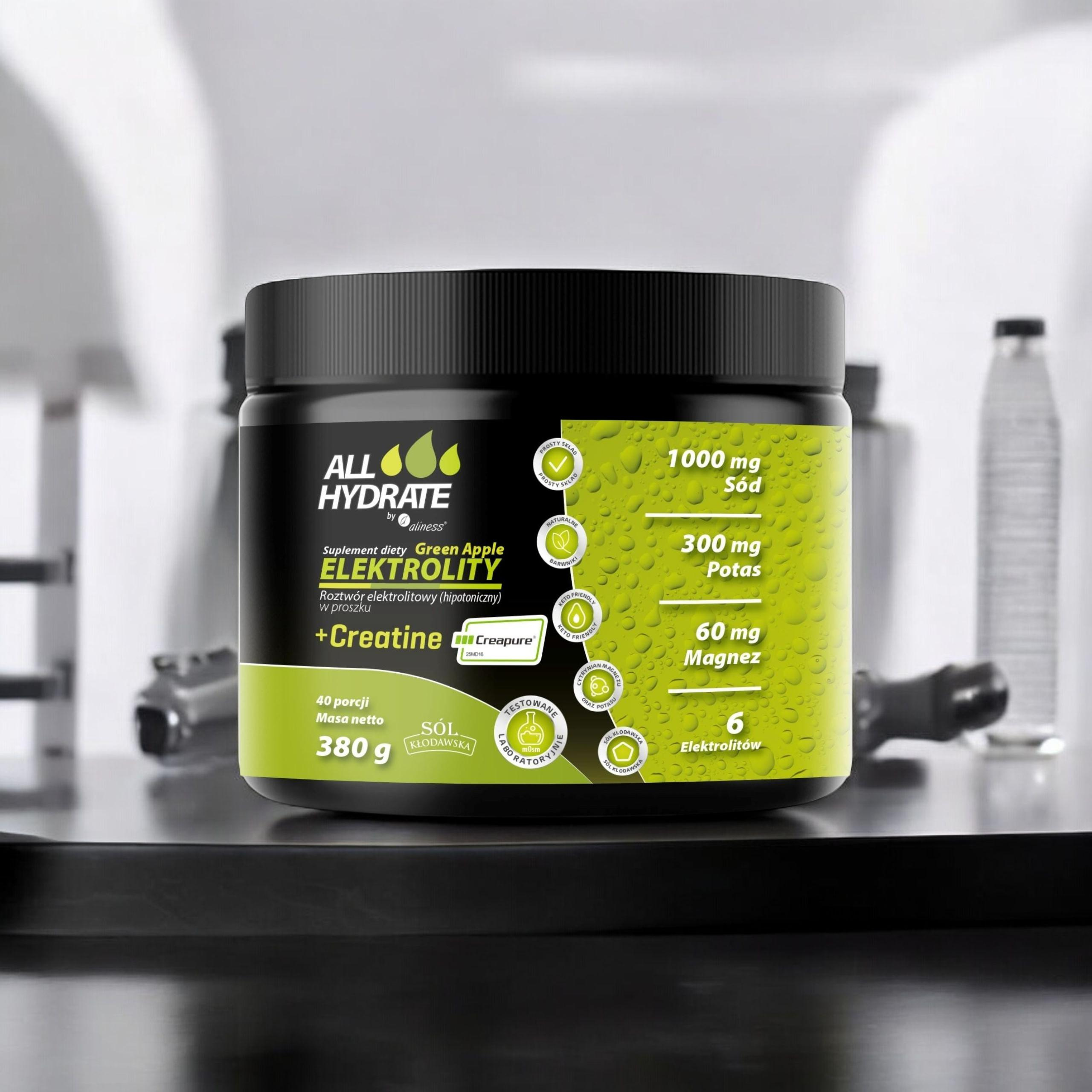 ALINESS - All Hydrate Elektolity+Creatine Creapure - 3x 380g - Green Apple