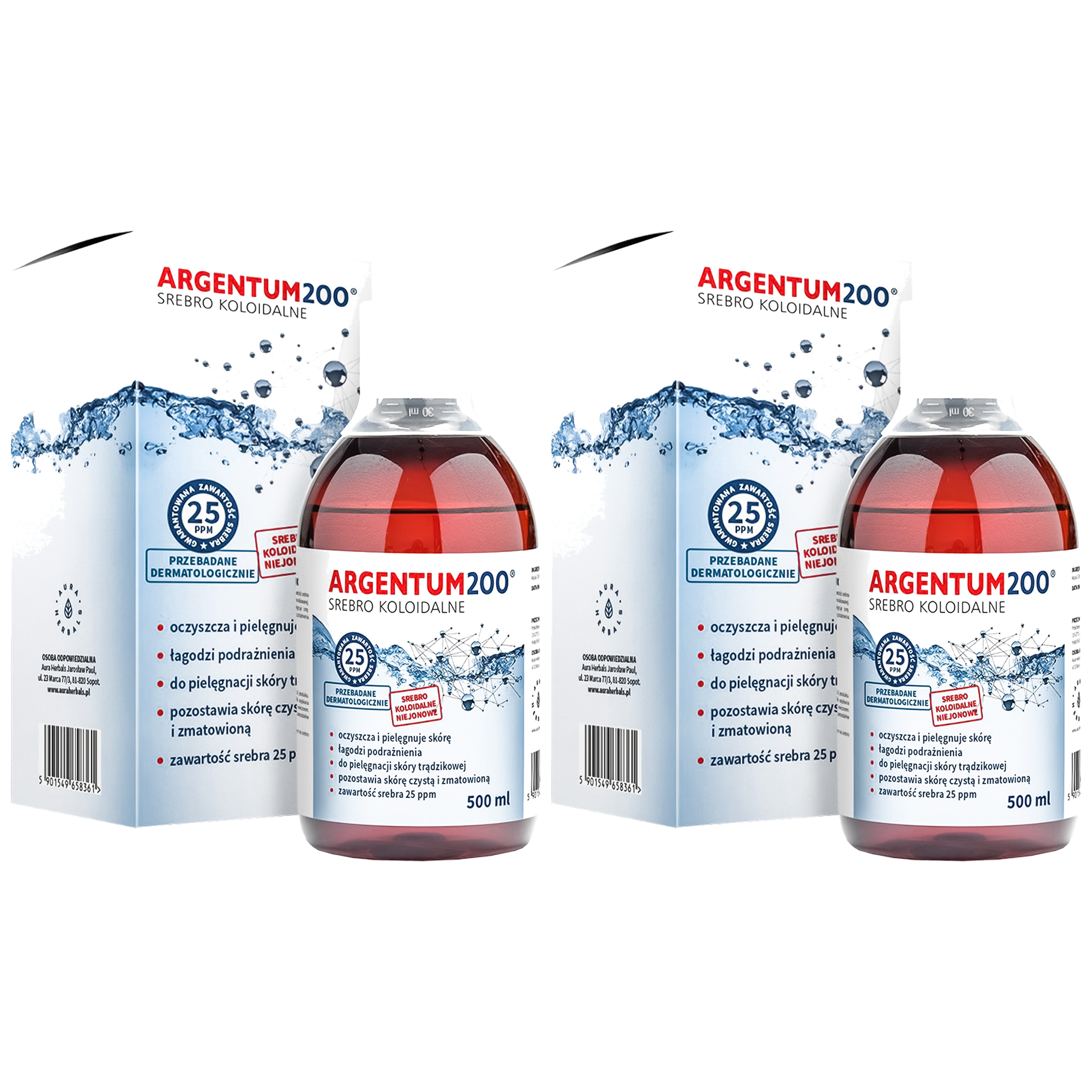 AURA HERBALS Argentum200 Srebro Koloidalne (25 ppm) - tonik (2x 500ml)