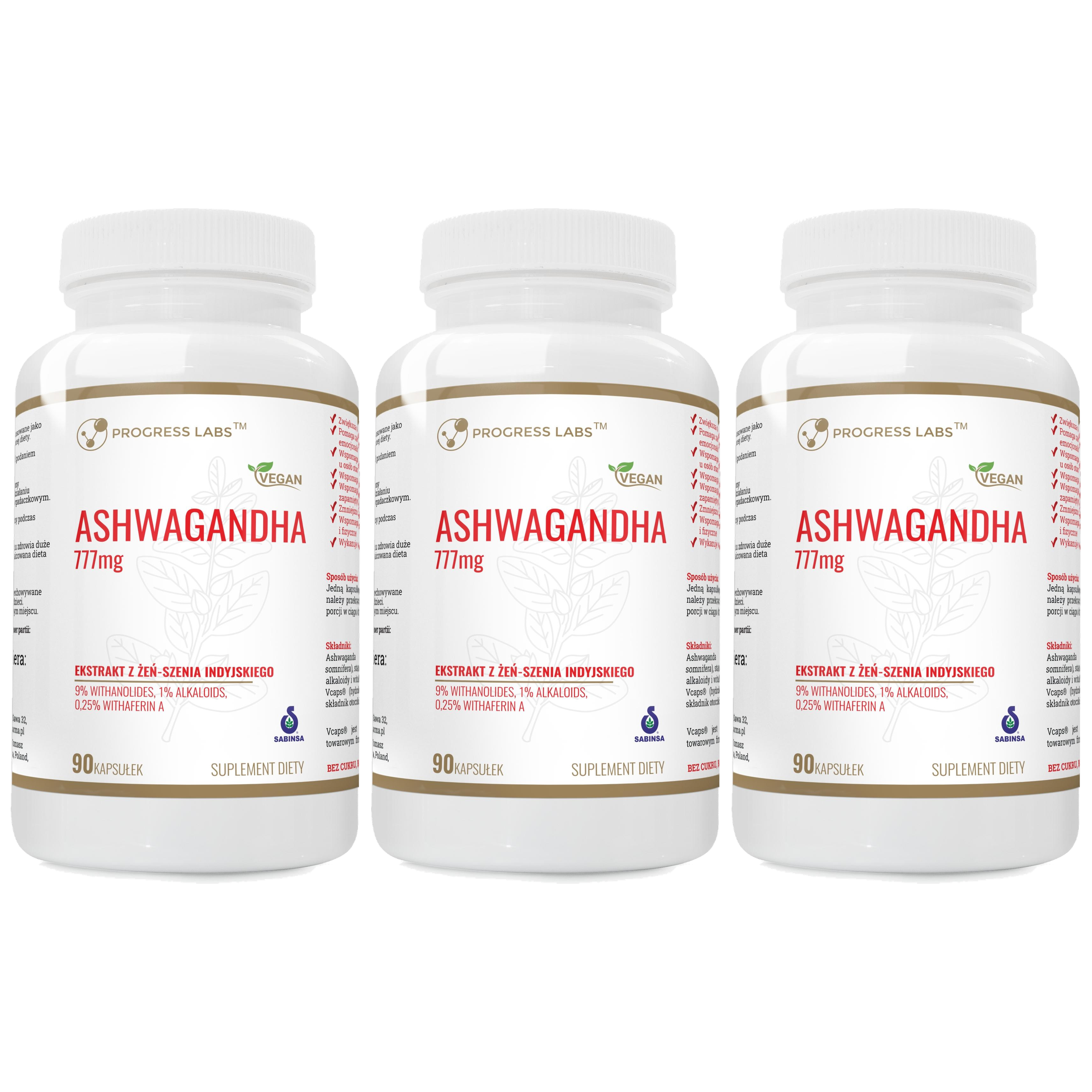 PROGRESS LABS - Ashwagandha Extract 777mg - 3x 90vcaps.