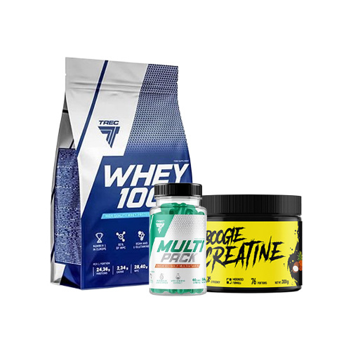 Białko TREC 100% Whey Cookies 900g + Kreatyna TREC Boogie Creatine Tropical 300g + Witaminy TREC Multi Pack 60 kaps.