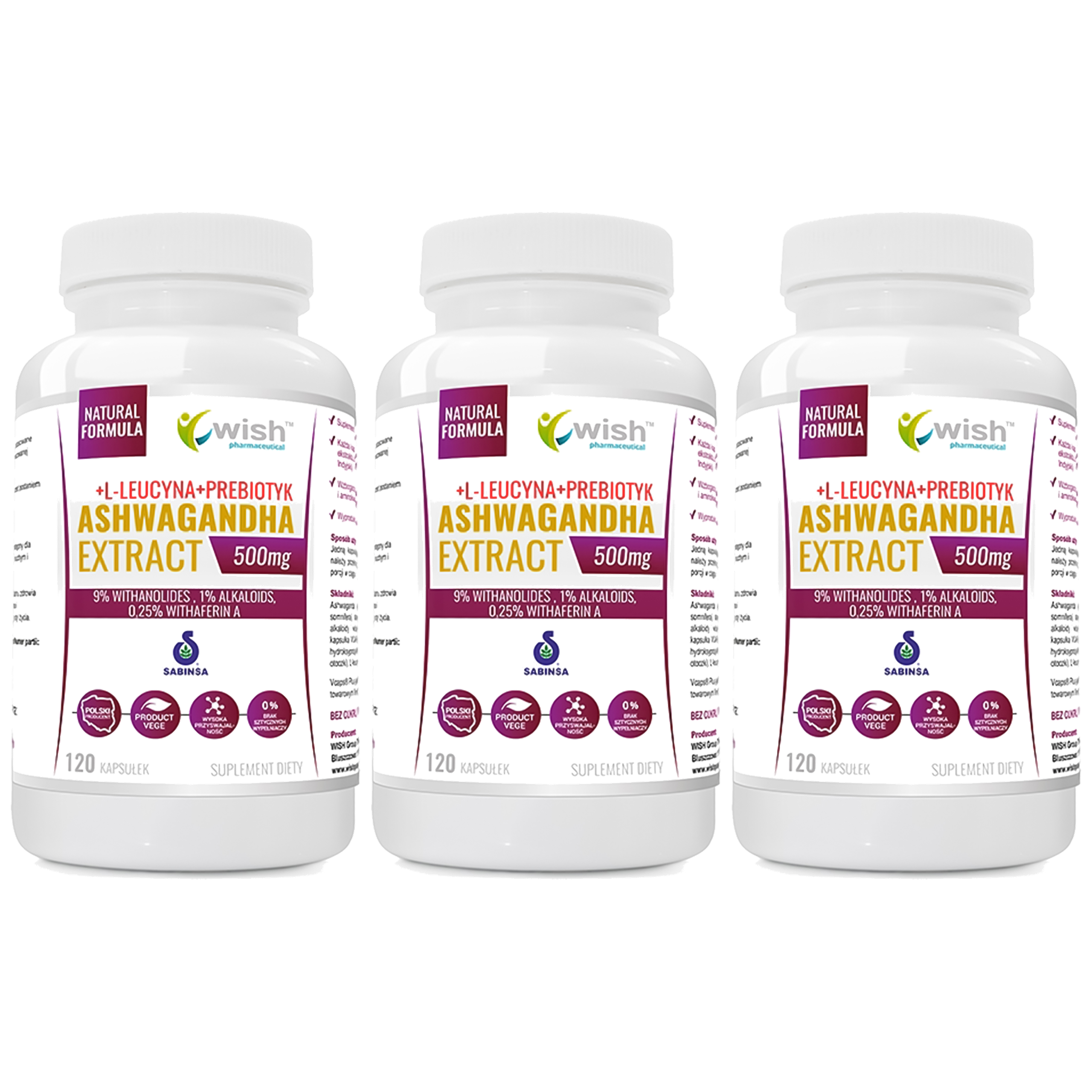WISH Pharmaceutical Ashwagandha Ekstrakt 500mg (9% Witanolidów) Żeń Szeń Indyjski - 3x 120caps