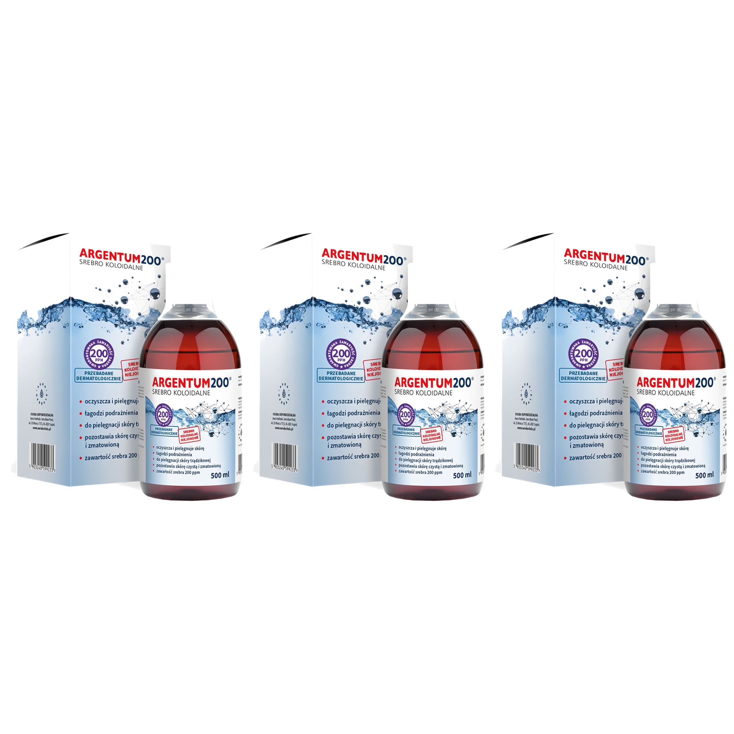 AURA HERBALS Argentum200 Srebro Koloidalne (200 ppm) - tonik (3x 500ml)