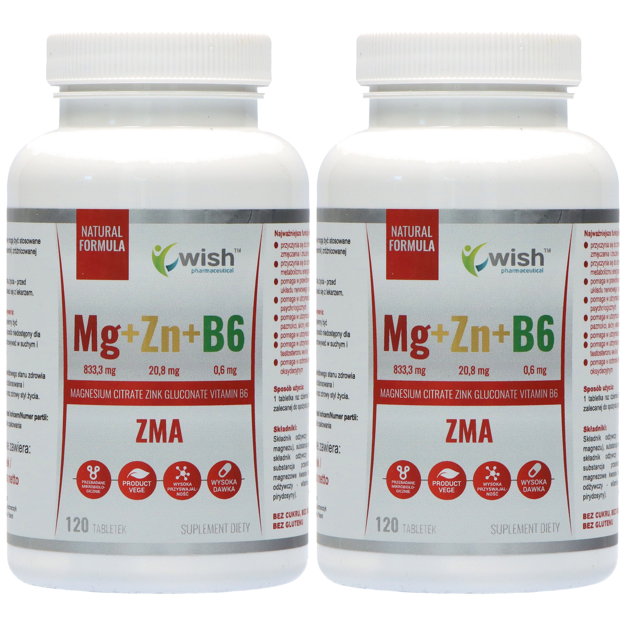 WISH Pharmaceutical Mg+Zn+Vit B6 (ZMA) - 2x 120tabs