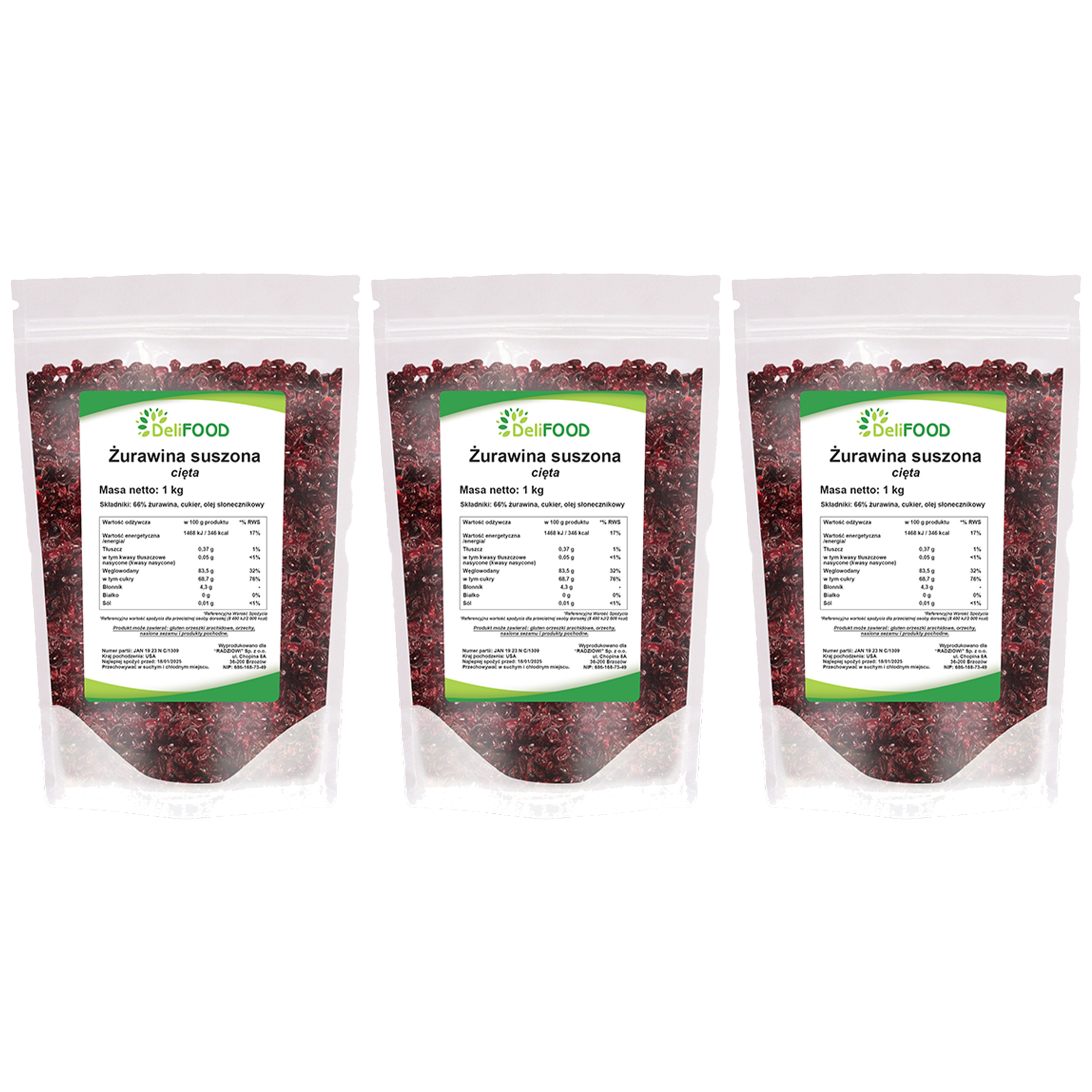 DELIFOOD Żurawina Suszona - 3x 1000g
