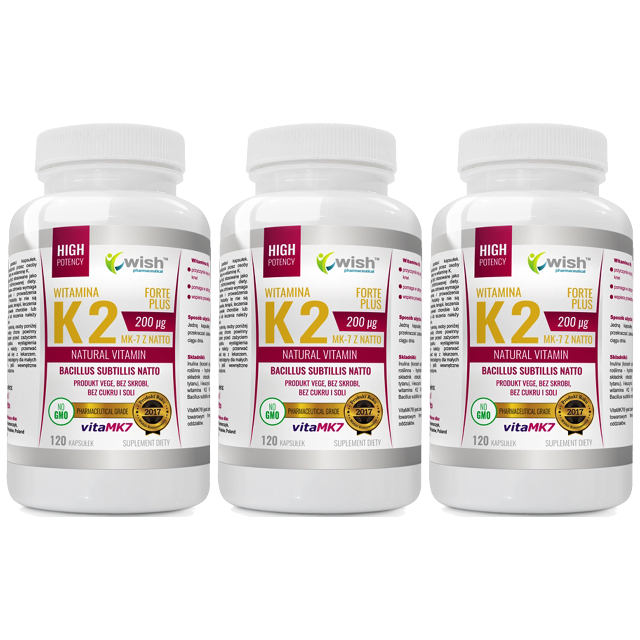 WISH Pharmaceutical Vitamin K2 Mk-7 Natto 200mcg - 3x 120caps