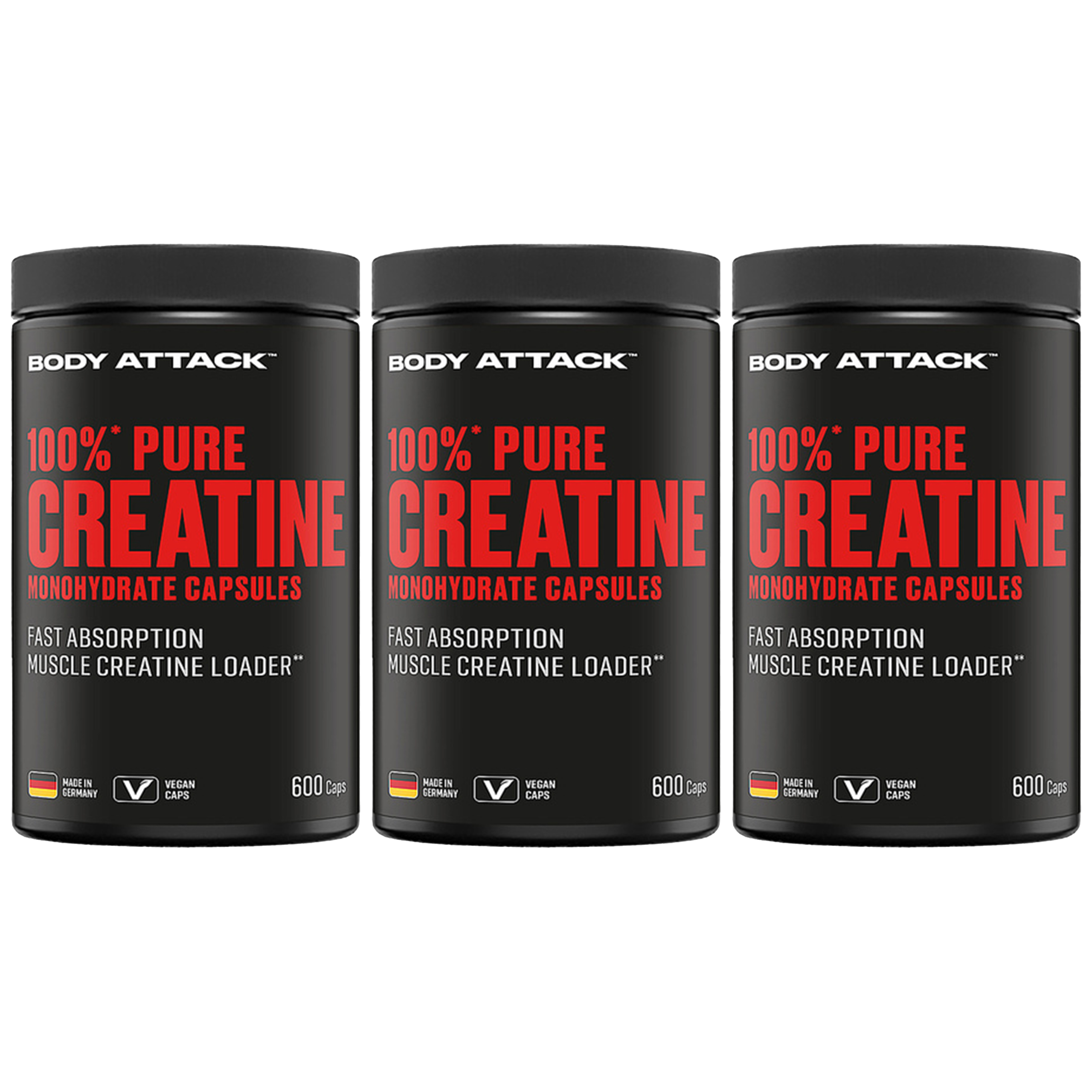 BODY ATTACK 100% Pure Creatine - 3x 600caps