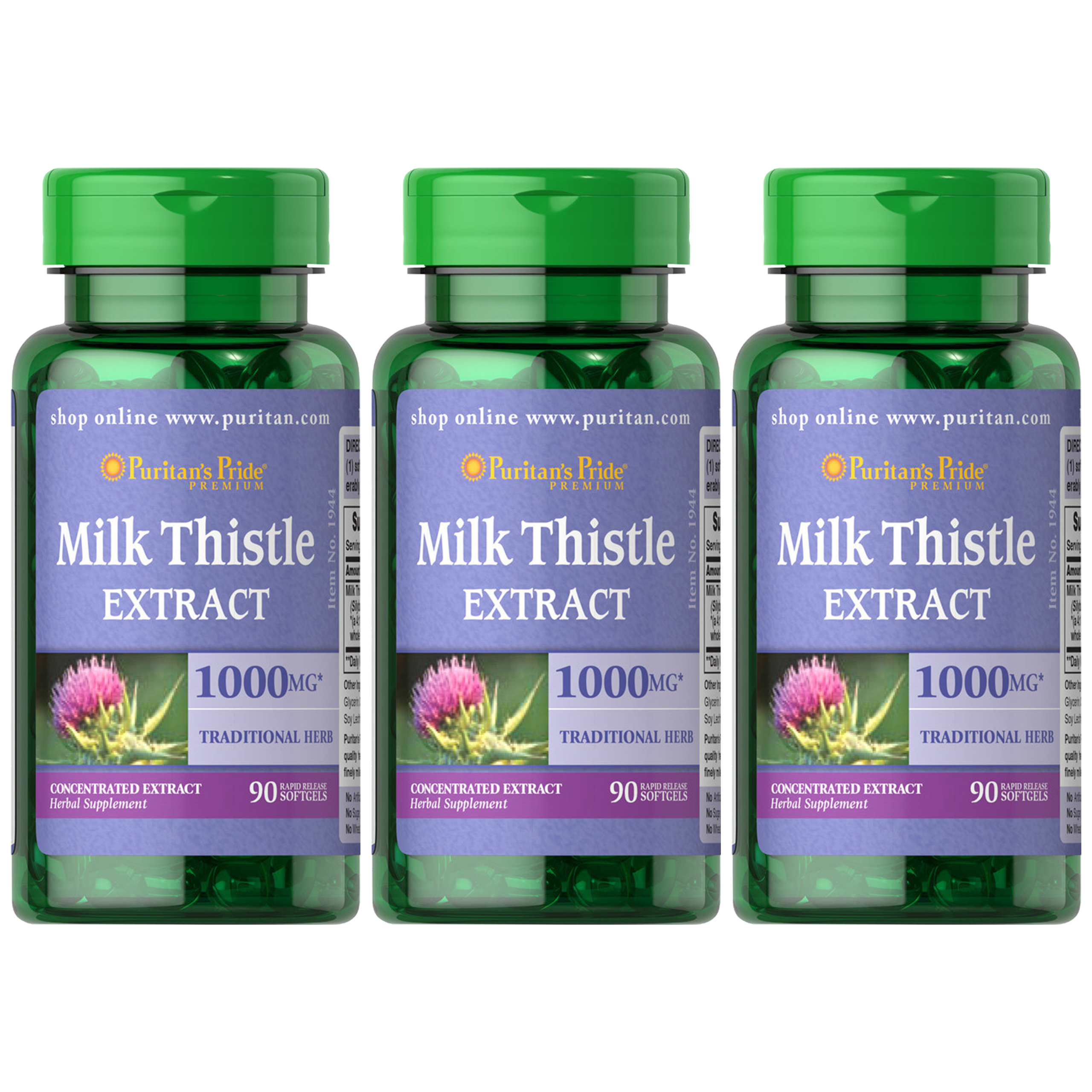 Puritan's Pride Milk Thistle 4:1 Extract 1000mg - 3x 90softgels