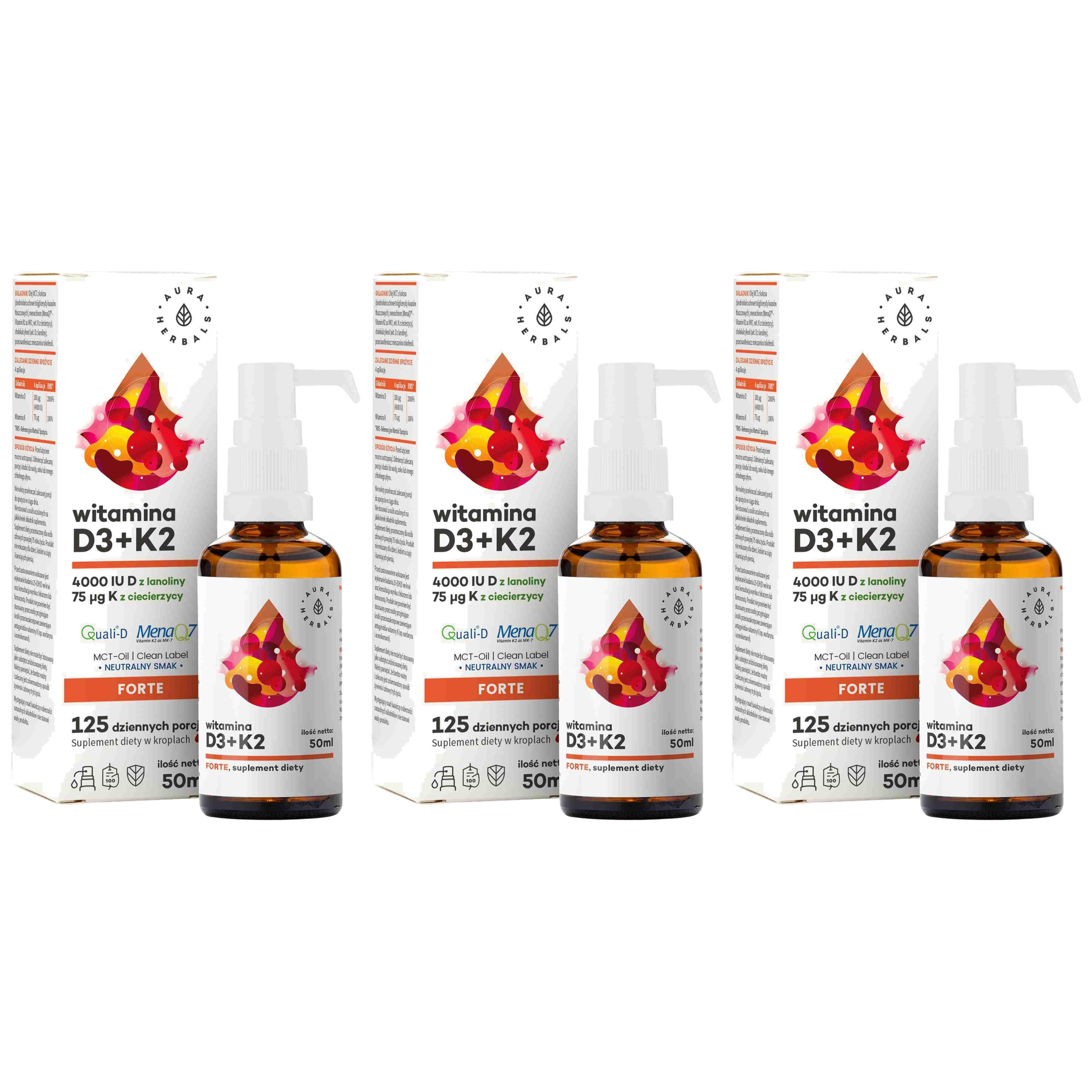 AURA HERBALS - Vitamin D3 4000 IU + K2 MCT - 3x 50ml