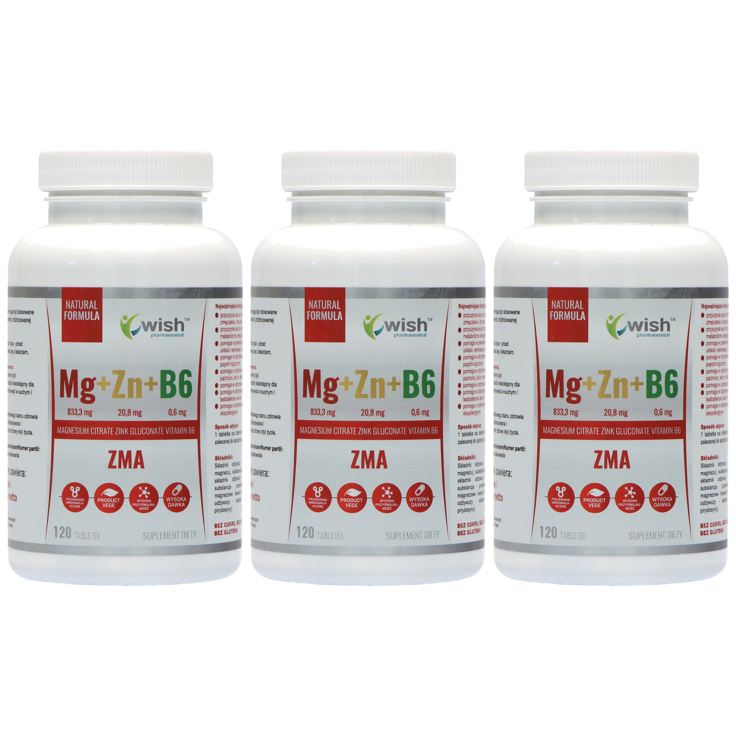 WISH Pharmaceutical Mg+Zn+Vit B6 (ZMA) - 3x 120tabs
