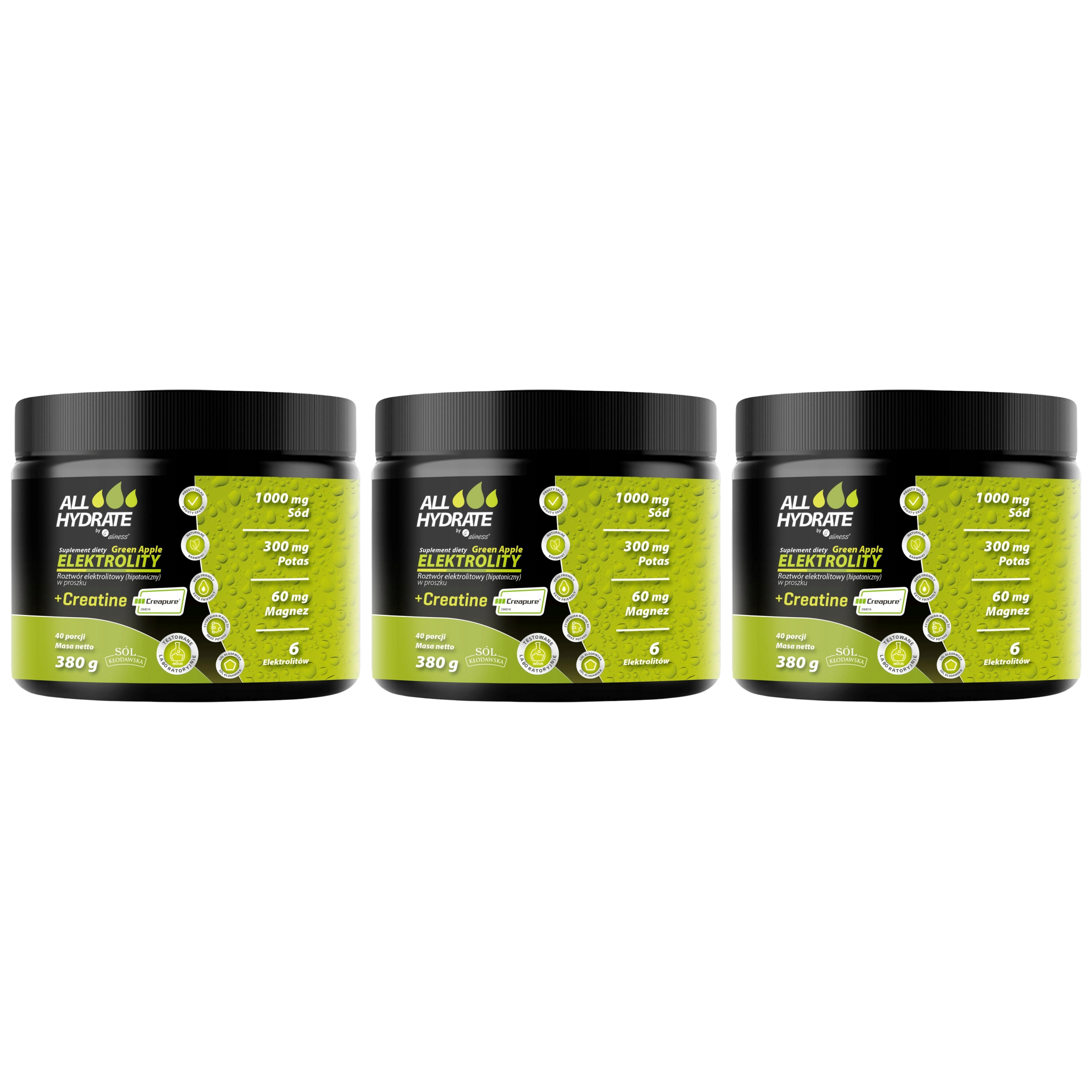 ALINESS - All Hydrate Elektolity+Creatine Creapure - 3x 380g - Green Apple