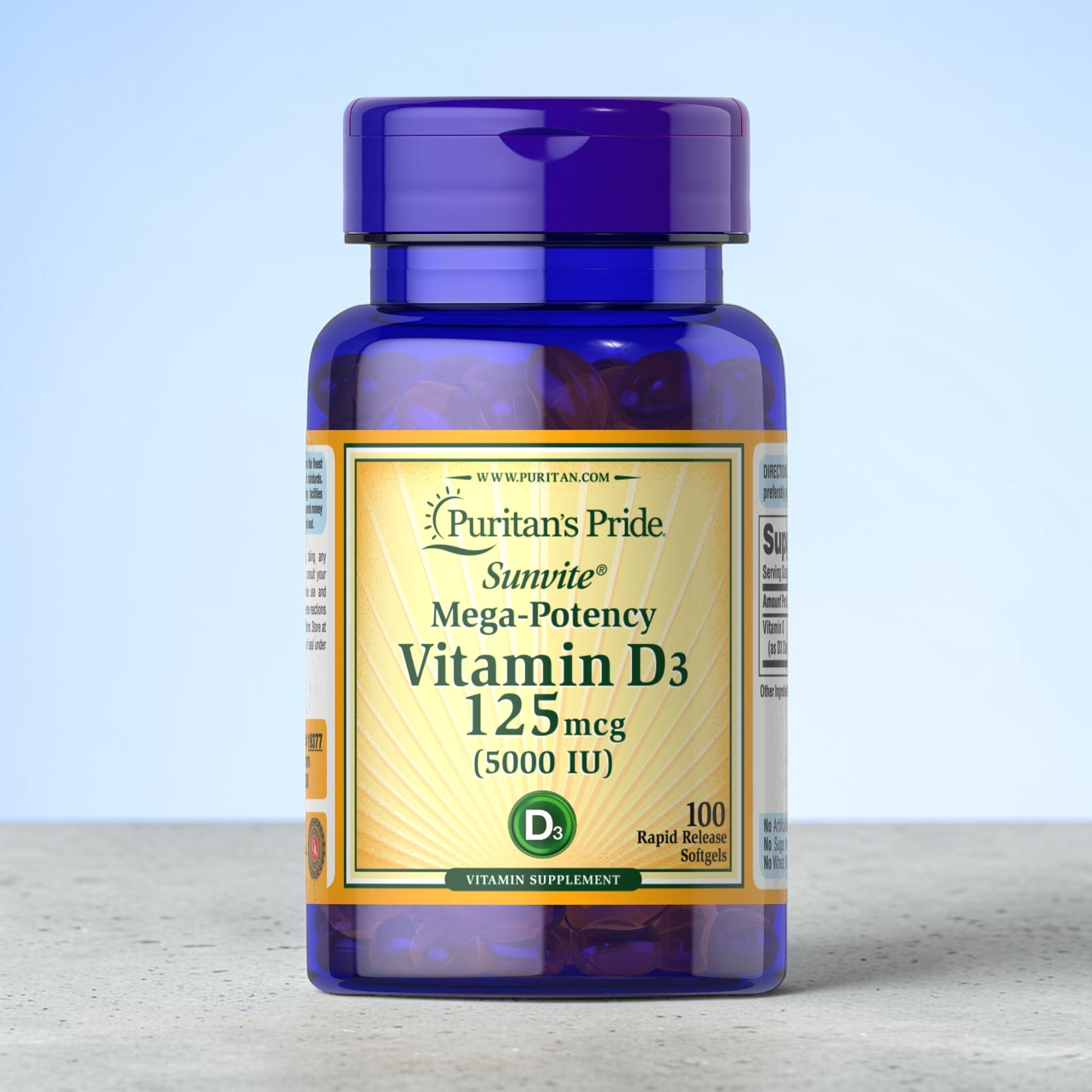 Puritan's Pride Vitamin D3 125µg (5000 IU) - 100softgels.