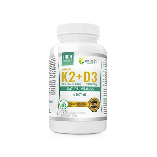 WISH Pharmaceutical Vitamin K2 Mk-7 100mcg + D3 50mcg w Oleju MCT - 2x 120caps
