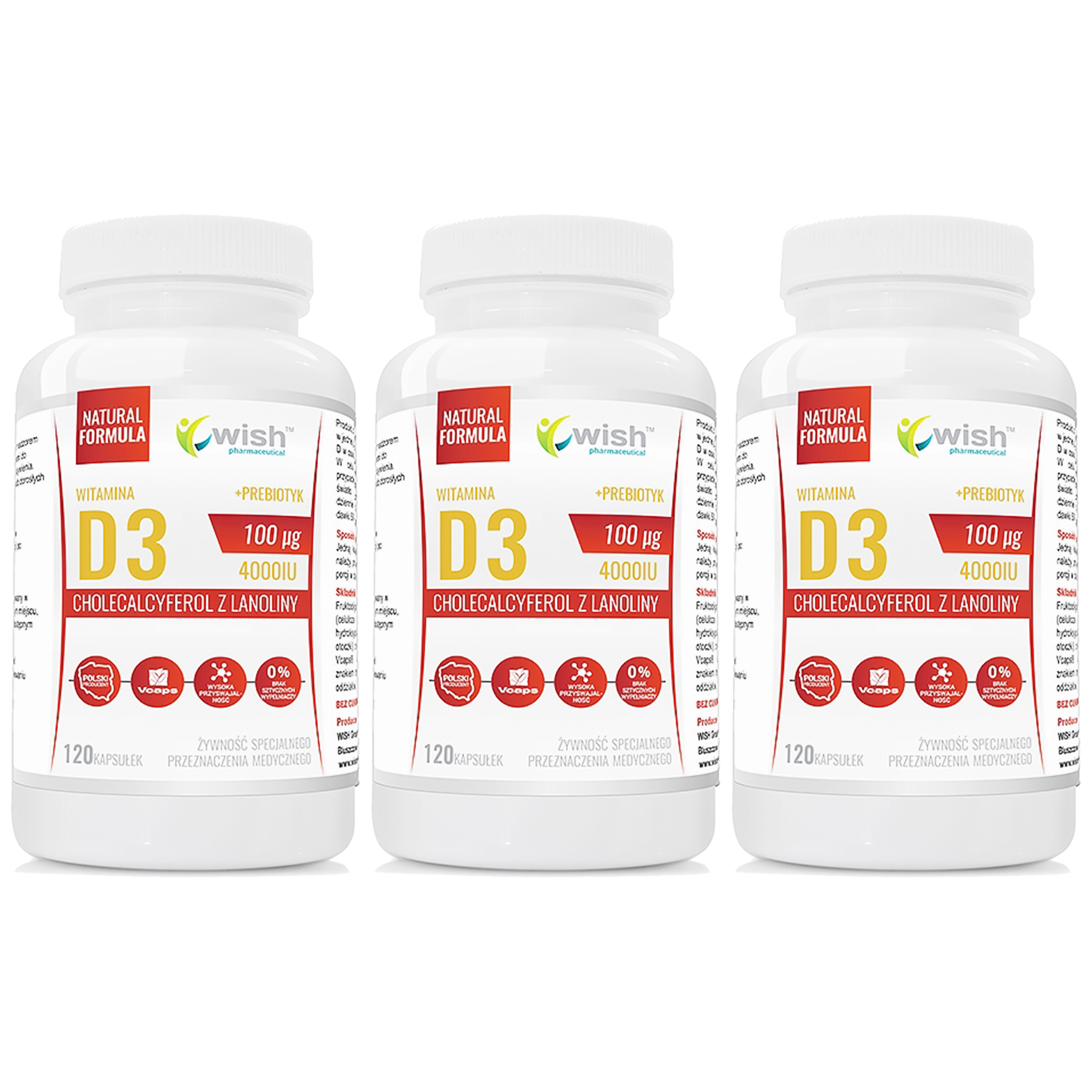 WISH Pharmaceutical Vitamin D3 100mcg ŻSPM + Prebiotyk -120caps. — zestaw 3x