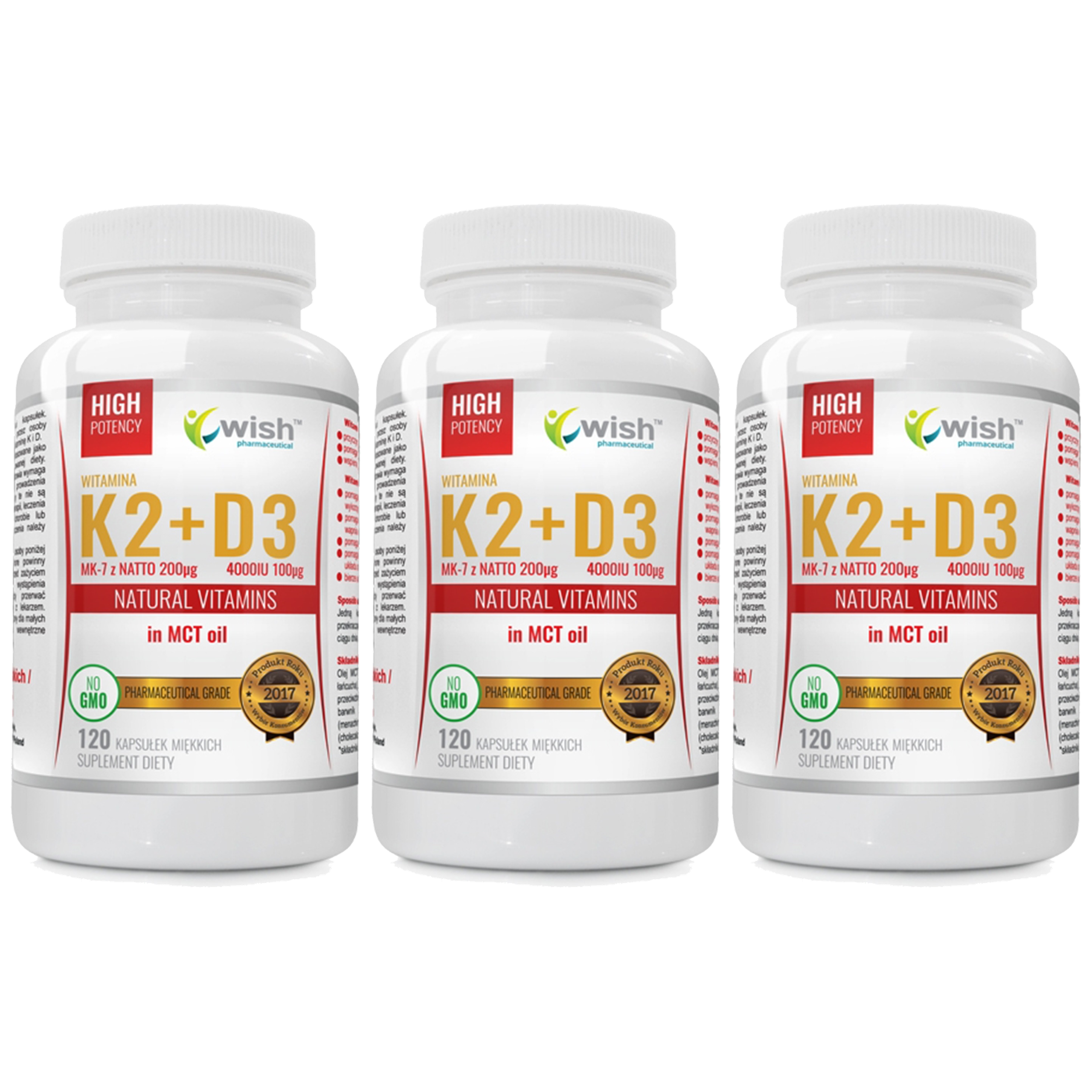 WISH Pharmaceutical Vitamin K2 Mk-7 200mcg + D3 100mcg in MCT oil - 3x 120caps