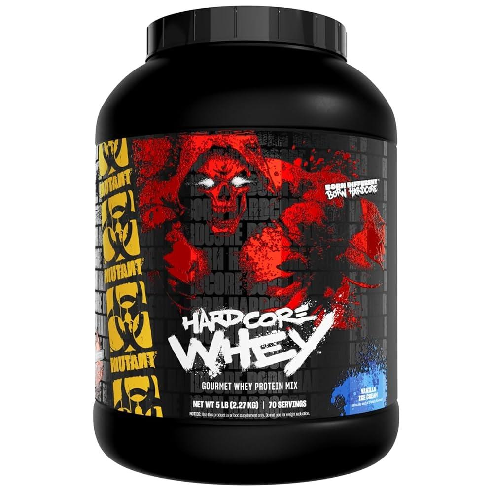 Emballage de Mutant Hardcore Whey 2270g saveur vanille avec étiquette du produit visible