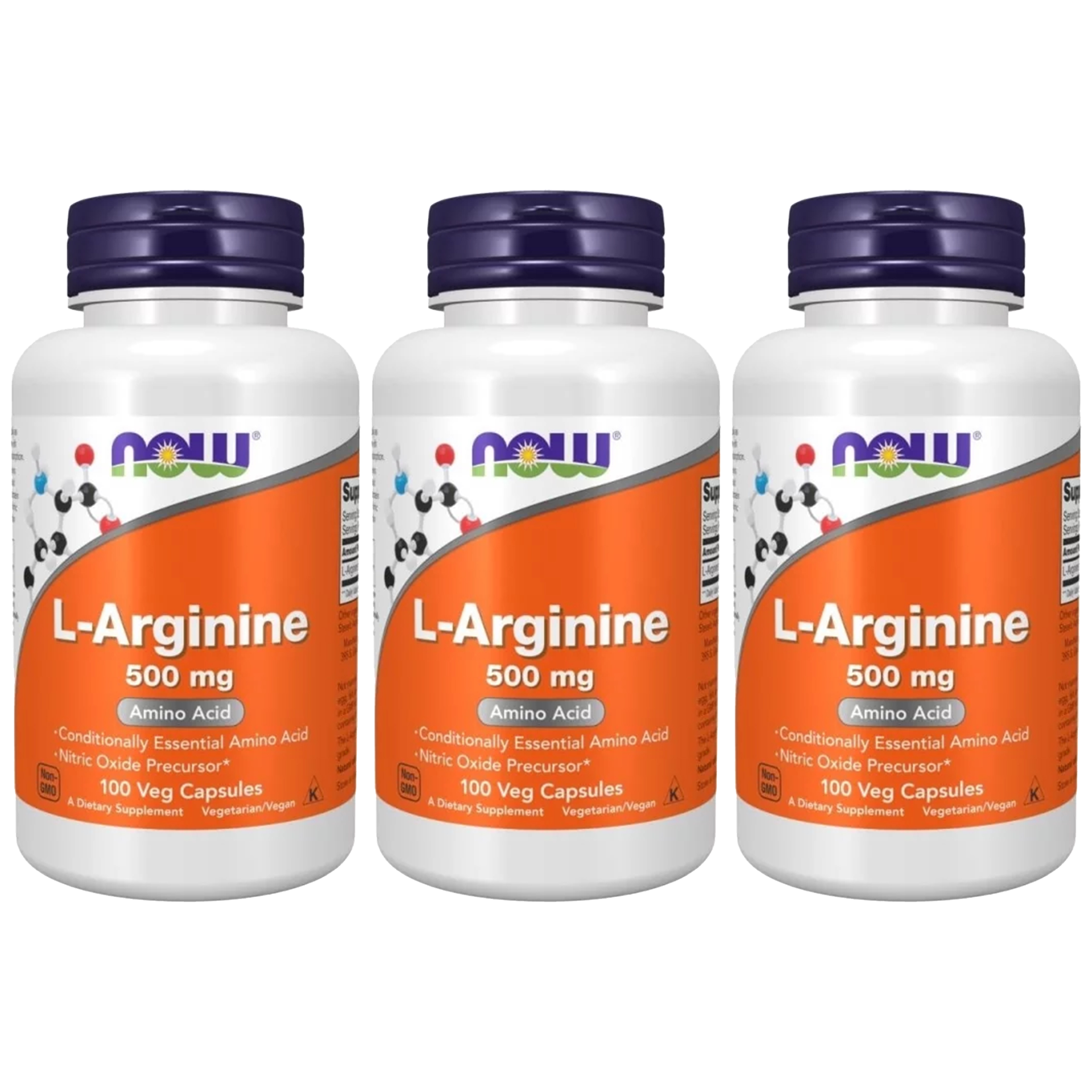 NOW L-Arginine 500mg - 3x 100 veg capsules