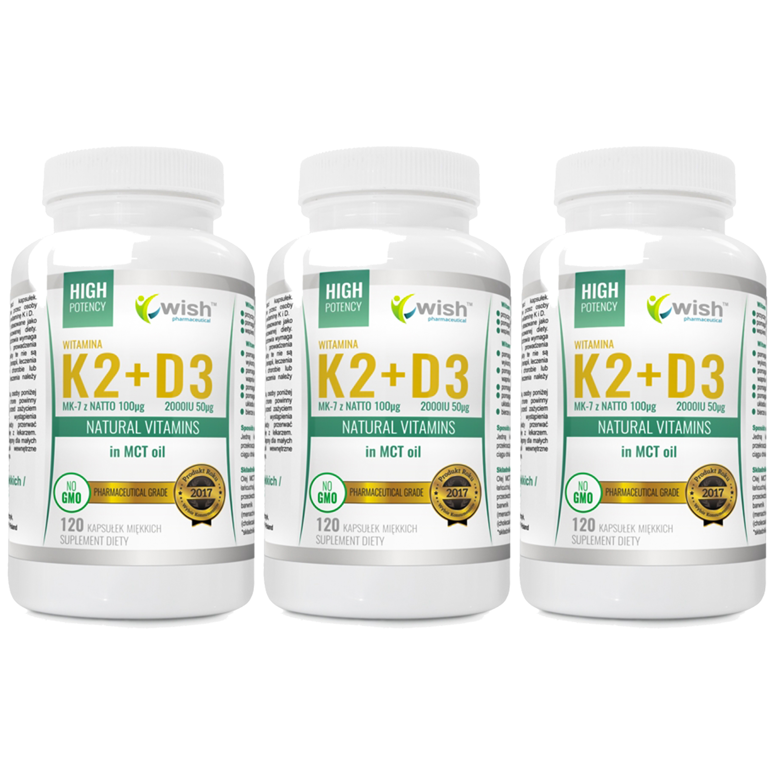 WISH Pharmaceutical Vitamin K2 Mk-7 100mcg + D3 50mcg w Oleju MCT - 3x 120caps