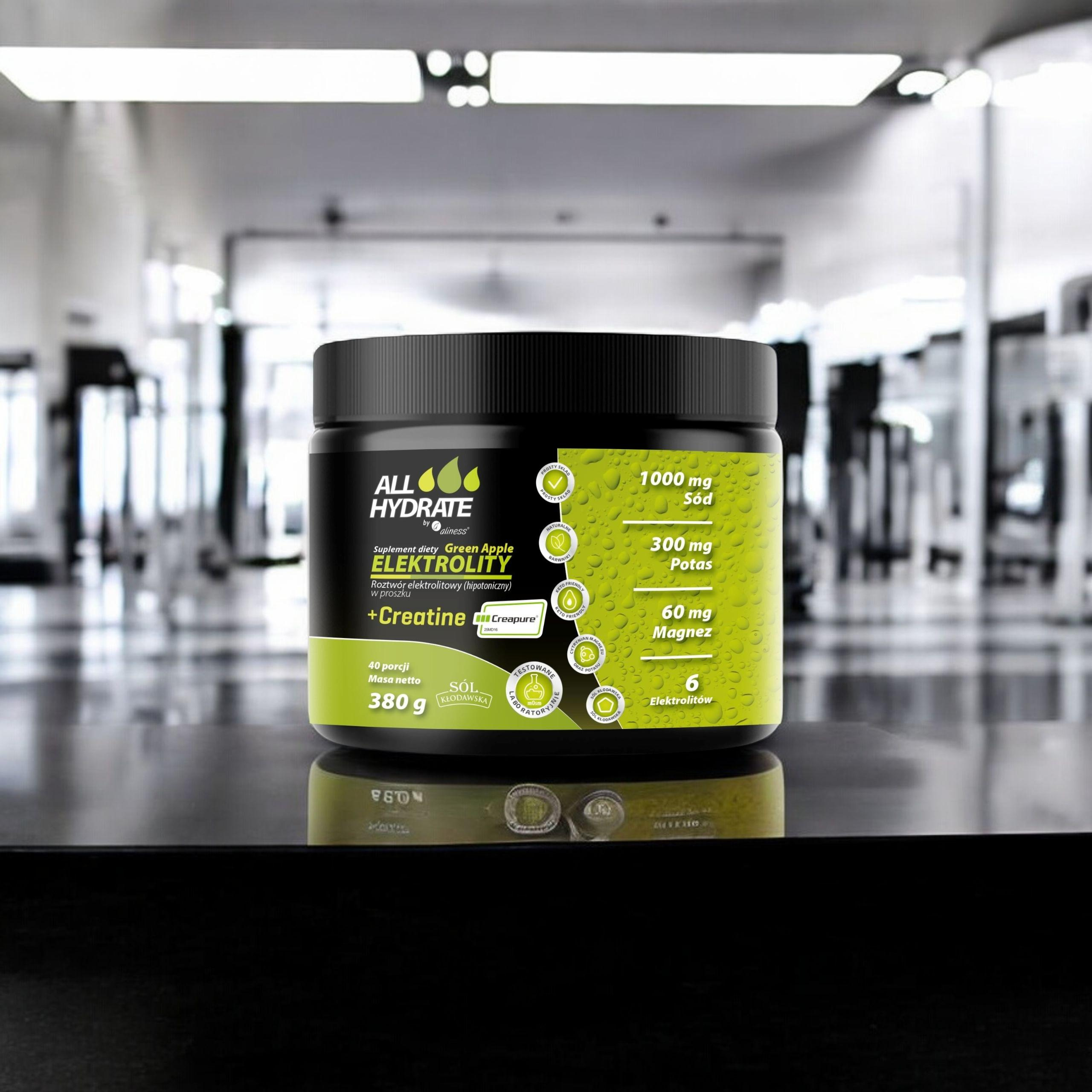 ALINESS - All Hydrate Elektolity+Creatine Creapure - 3x 380g - Green Apple
