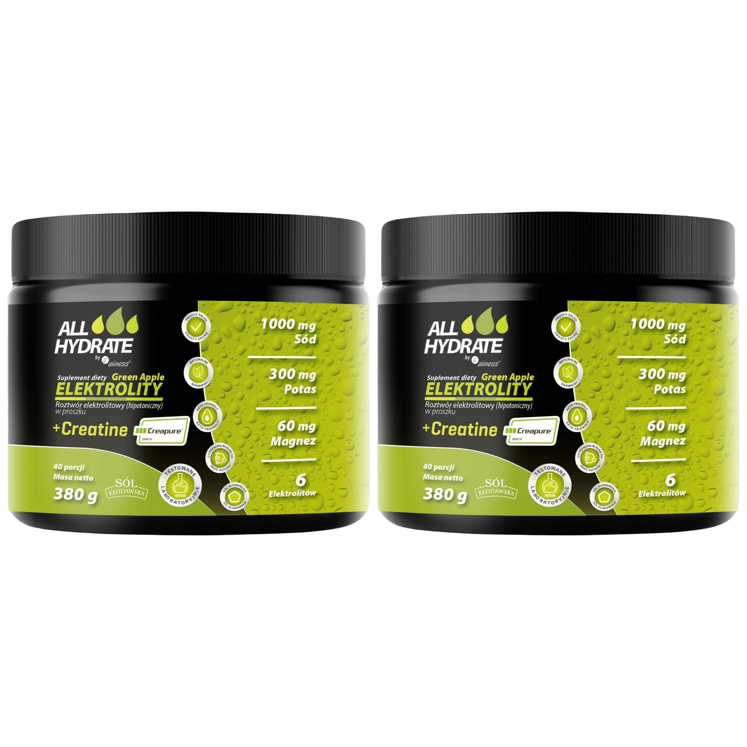 ALINESS - All Hydrate Elektolity+Creatine Creapure - 2x 380g - Green Apple