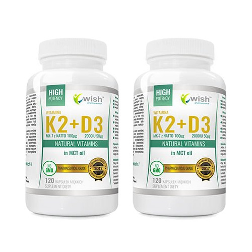 WISH Pharmaceutical Vitamin K2 Mk-7 100mcg + D3 50mcg w Oleju MCT - 2x 120caps