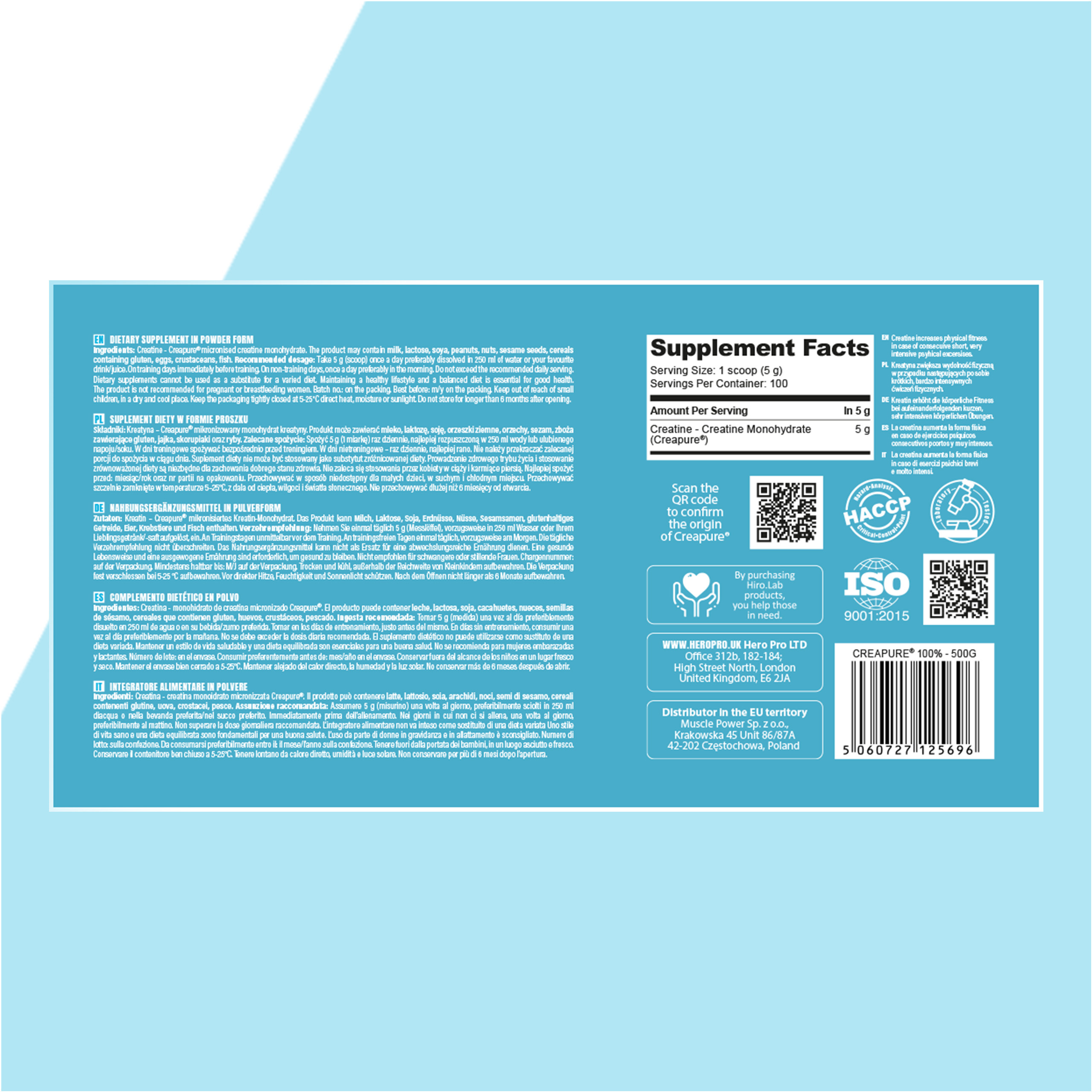 HIRO.LAB - 100% Creatine Creapure® – 500g - WYPRZEDAŻ - 31-07