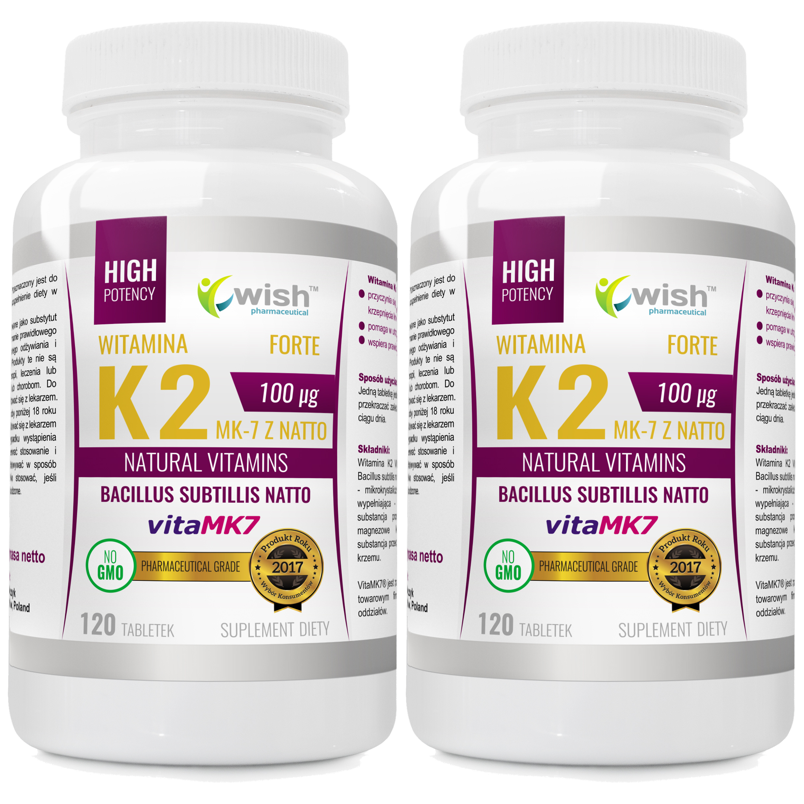 WISH Pharmaceutical Vitamin K2 MK-7 Natto 100mcg - 2x 120tabs