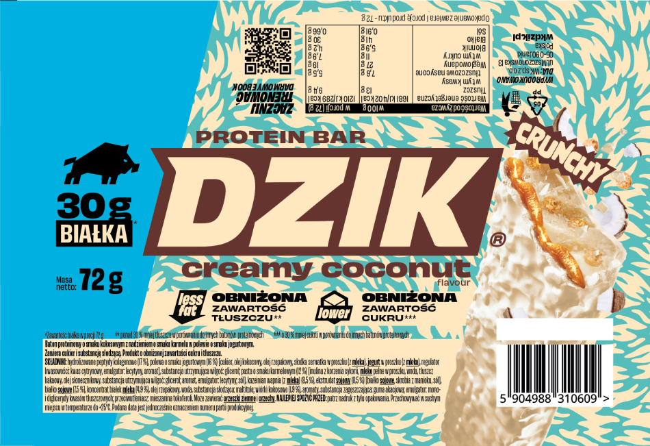 DZIK - Protein Bar Crunchy - 3x 72g - Creamy Coconut