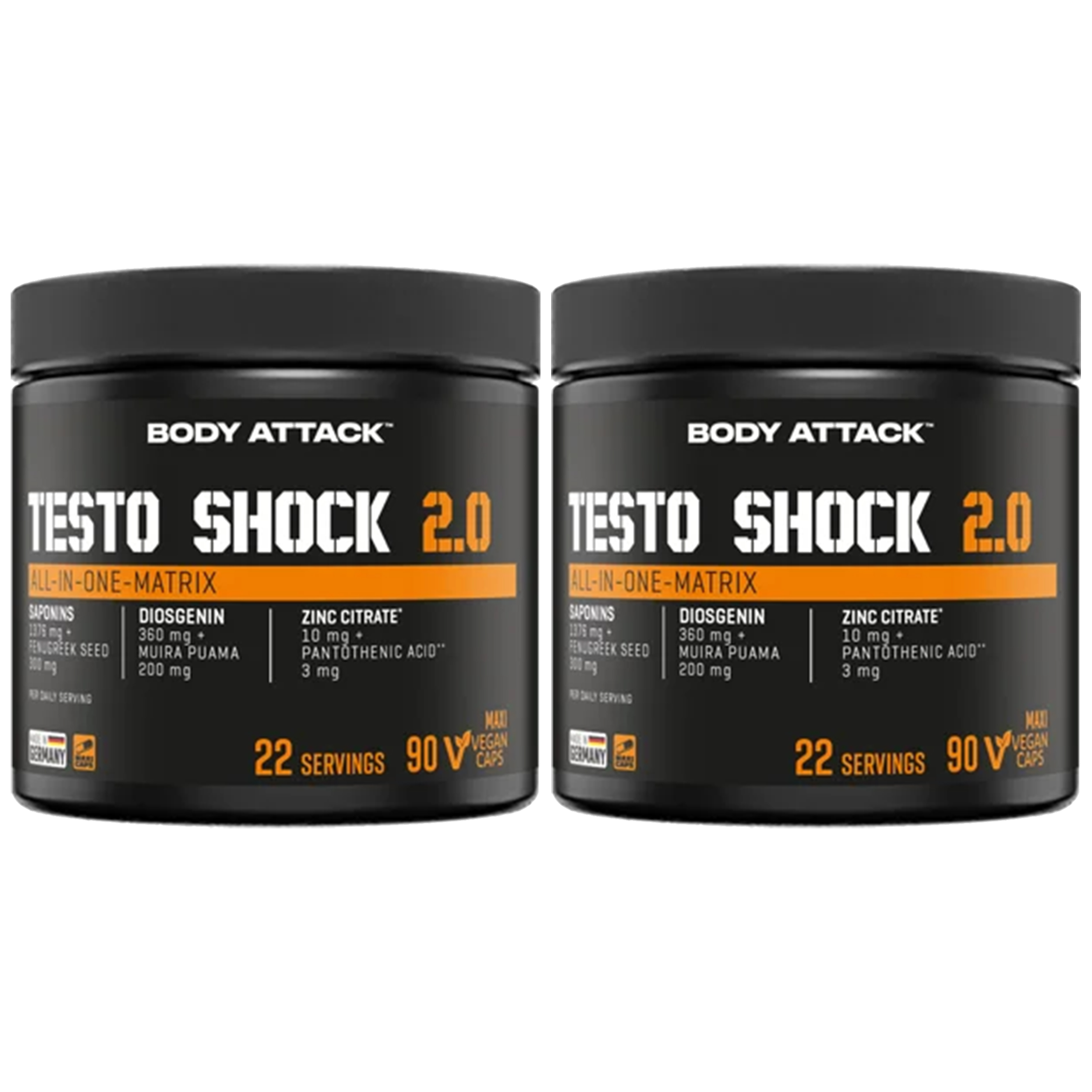 BODY ATTACK Testo Shock 2.0 – 90 maxi vegan caps — zestaw 2x