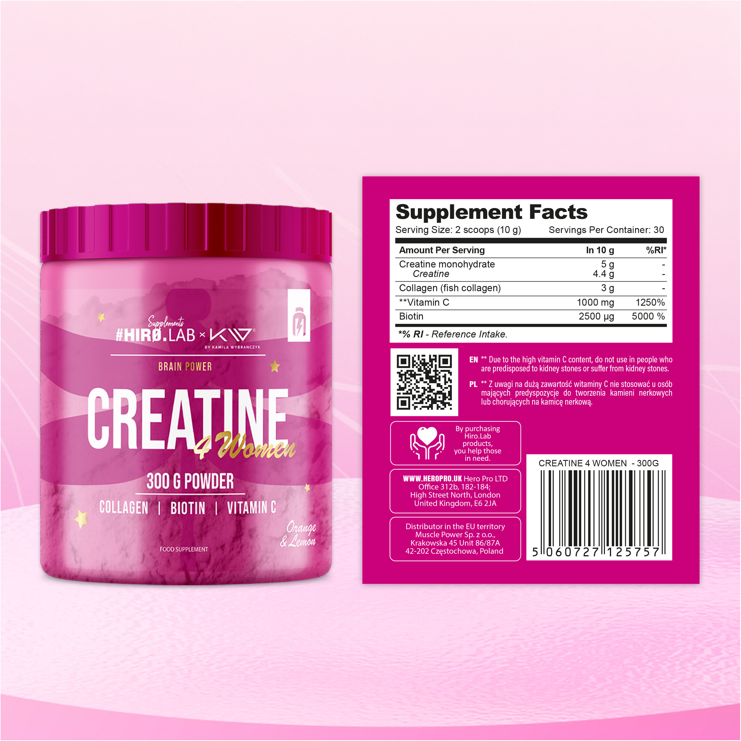 HIRO.LAB - Creatine 4 Women with Collagen - 3x 300g - Lemon Orange